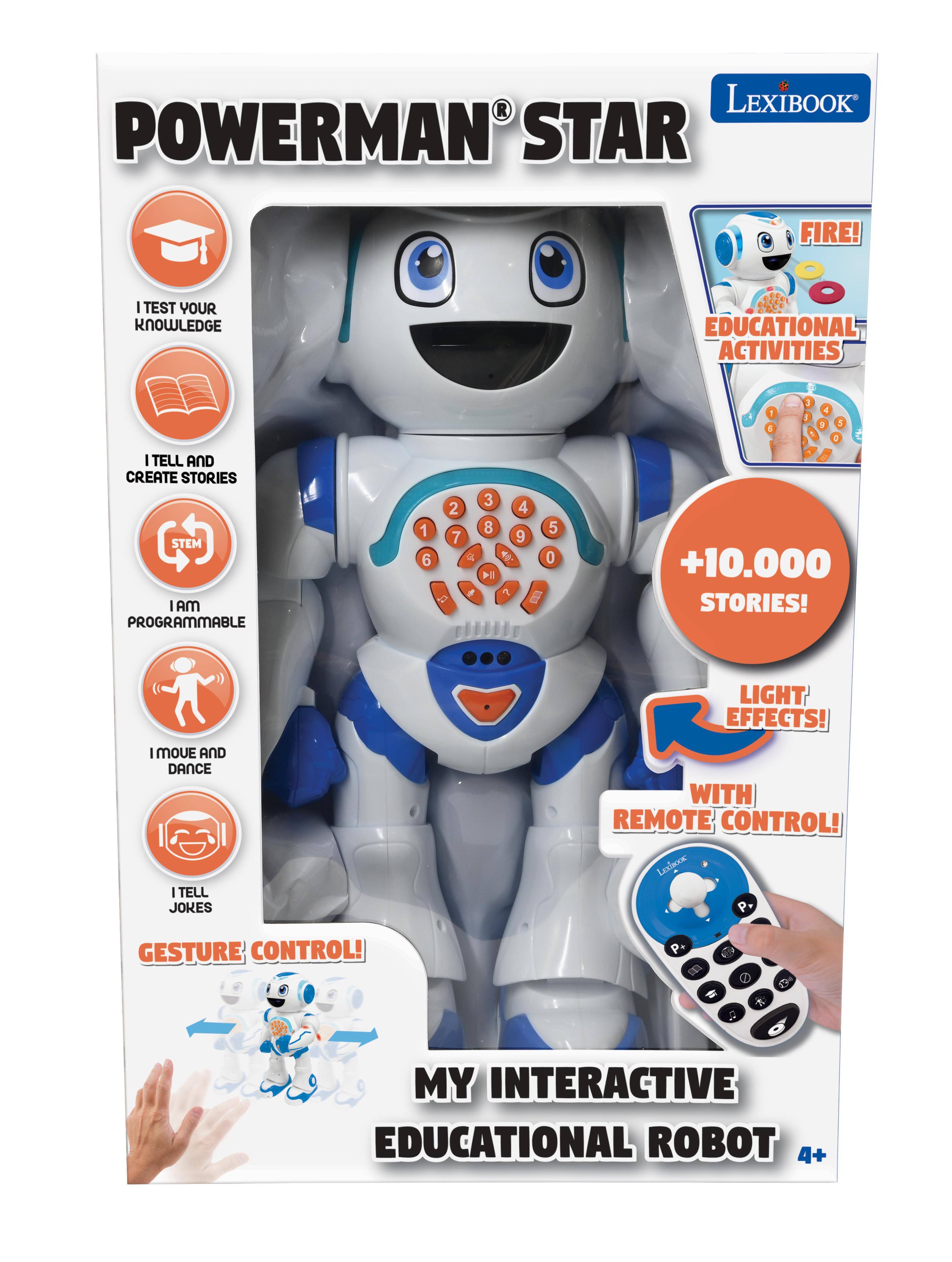 LEXIBOOK POWERMAN STAR

FIRE!
I TEST YOUR KNOWLEDGE
EDUCATIONAL ACTIVITIES

I TELL AND CREATE STORIES
STEM I AM PROGRAMMABLE

+10.000 STORIES!
LIGHT EFFECTS!
I MOVE AND DANCE
I TELL JOKES
WITH REMOTE CONTROL!
LEXIBOOK P,
GESTURE CONTROL!

MY INTERACTIVE EDUCATIONAL ROBOT 4+
