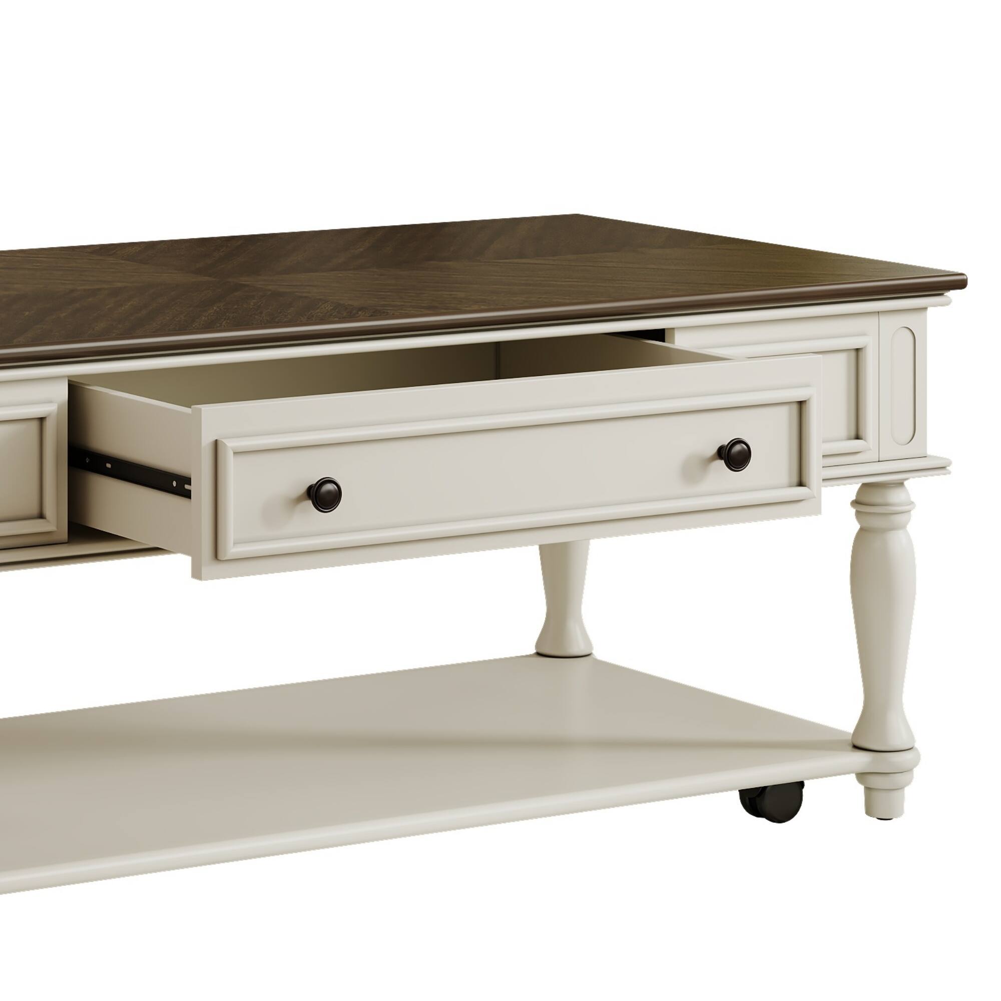 Alt View 8. Tiramisubest - Farmhouse Coffee Table with One Drawer,Retro Movable Rectangular Center Table with Lockable Wheels,Grey+White - Grey+White.