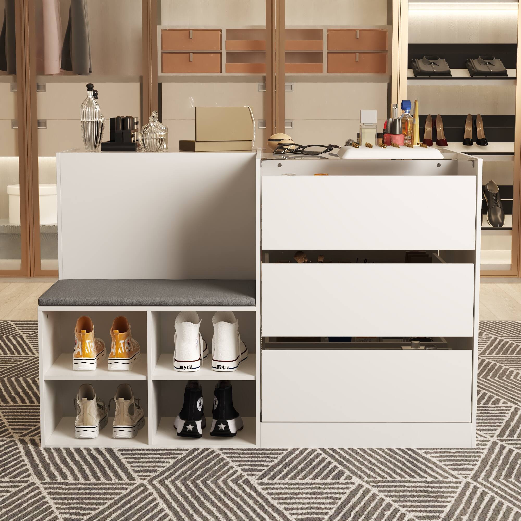 Angle. FUFU & GAGA - Entryway Shoe Bench with Storage Drawers and Display Shelf Multifunctional Organizer for Living Room or Closet - White.