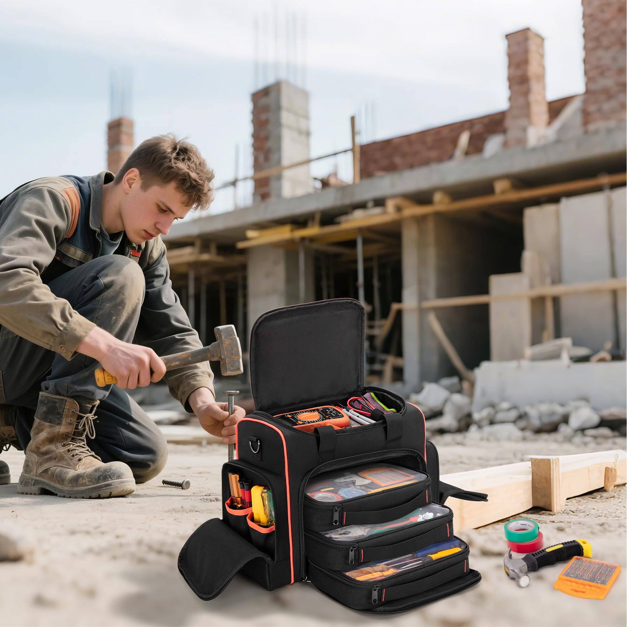 Alt View 5. Fabibe - Tool Bag With 3 Removable Cases 2 Layers Tote For Hand Tools Black Red Binding - HEAVY DUTY FABRIC Made of heavy duty... - Black with Red Binding.