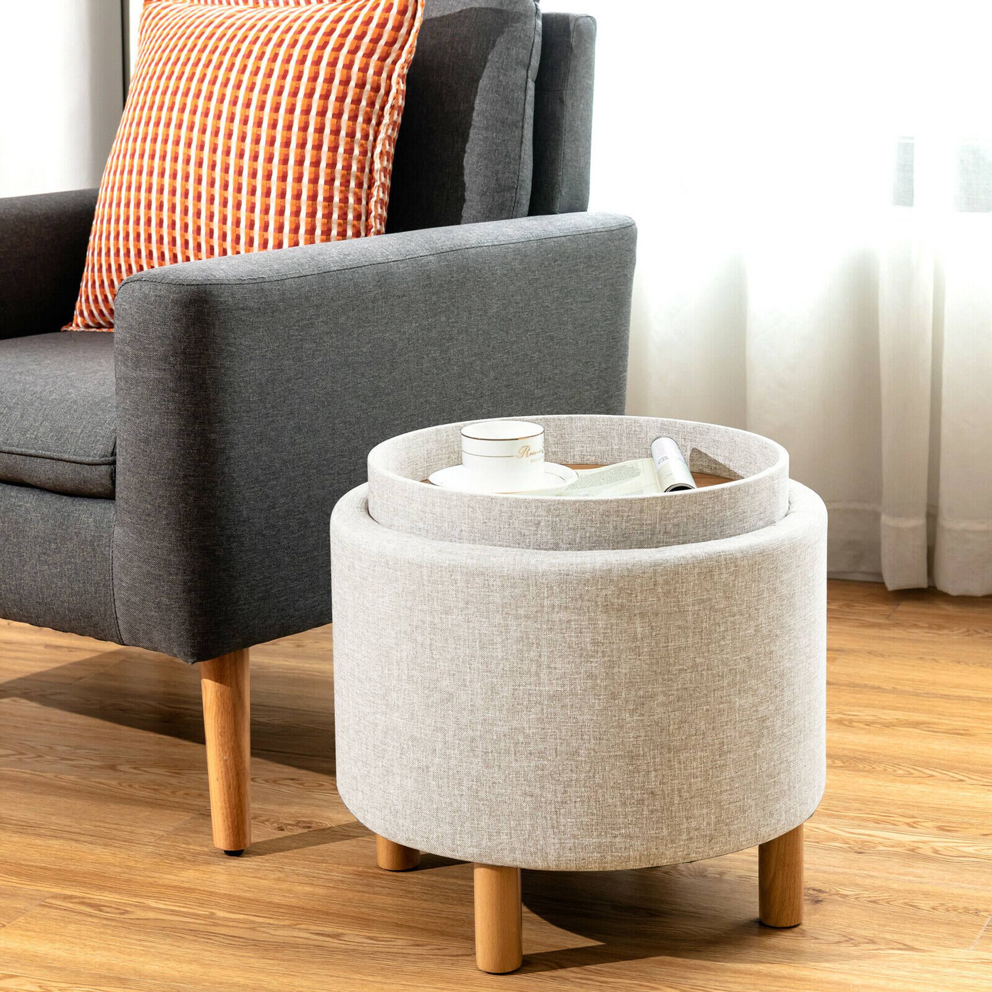 Alt View 2. Gymax - Gymax Round Storage Ottoman w/Tray Top Accent Padded Footrest w/Wood Legs Beige - Beige.