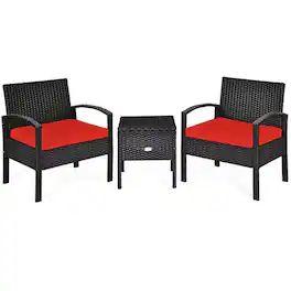 Pefilos - 3 Piece PE Rattan Wicker Patio Loveseat Sofa Set, Outdoor Patio Furniture Set Washable and Removable Cushion - Red