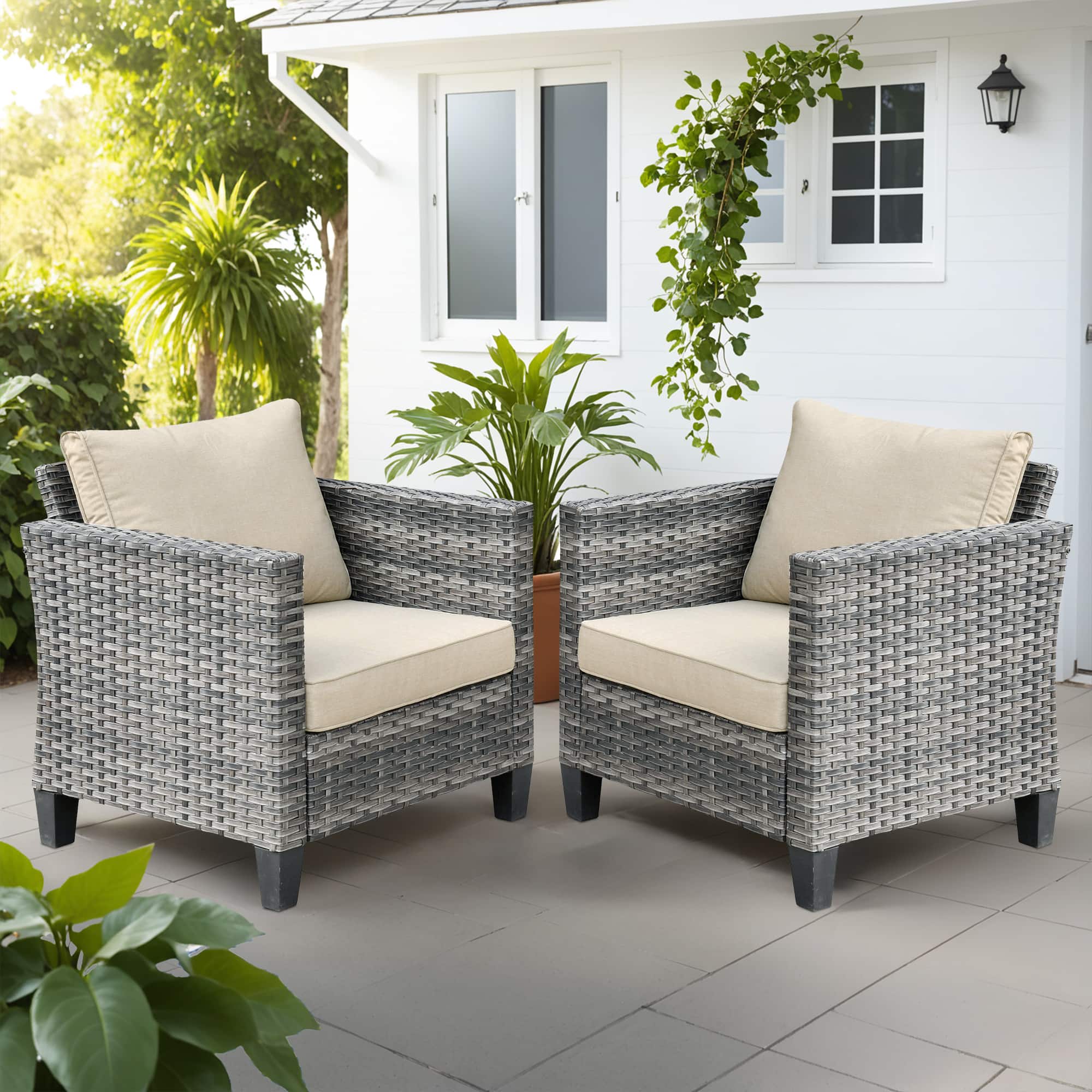 Ovios - 2 PCS Patio Furniture Comfy Single Chair Outdoor Rattan Armchair Wicker Chair with Cushions - Beige
