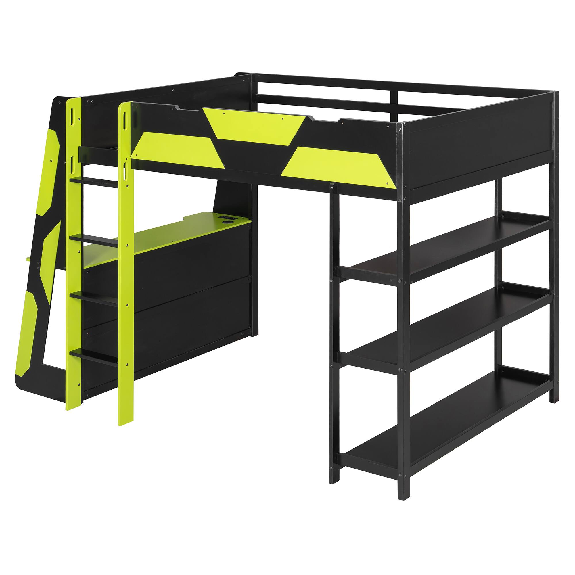Alt View 6. Whisen - Full Size Loft Bed with Gaming Desk, Built-in Shelves, Power Station & LED Lights for Bedroom - Black|Green.