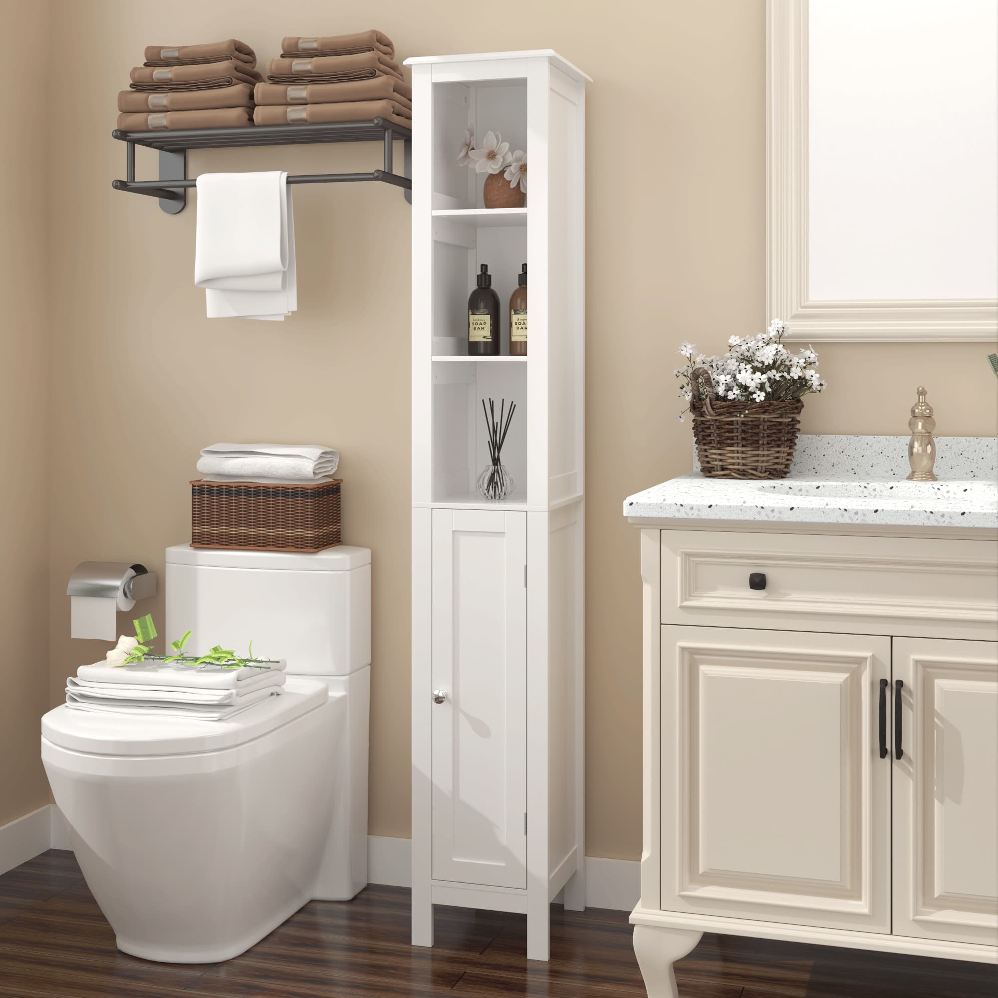 Mirfee - 66.92" Tall Bathroom Storage Cabinet with Adjustable Shelves, 1 Door, Anti-Tip - White