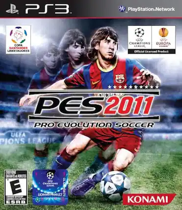 Sure, here is the corrected and grouped text from the image:
---
**PS3**
PlayStation Network
**COPA SANTANDER LIBERTADORES**
**CHAMPIONS LEAGUE**
**EUROPA LEAGUE**
Official Licensed Product
**PES 2011**
PRO EVOLUTION SOCCER
**UEFA CHAMPIONS LEAGUE**
Official Licensed Product
**EVERYONE**
ENFANTS et ADULTES
E
CONTENT RATED BY ESRB
CONTENU ÉLIGIBLE PAR ESRB
**KONAMI**
---
This text is organized to reflect the information present on the cover of the game. - E (Everyone)