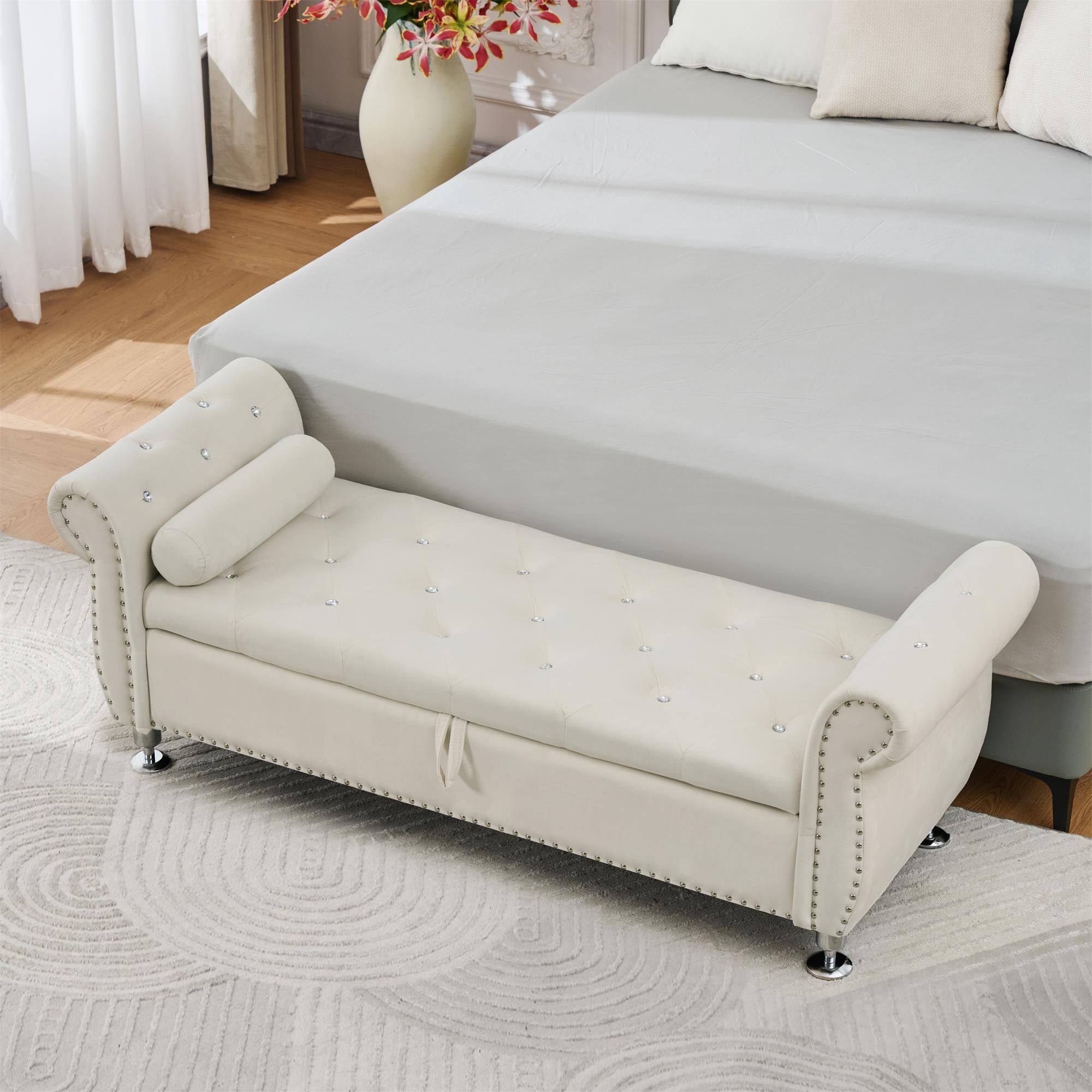 Alt View 1. Boyel Living - 62.2In Beige Velvet Storage Bench w Crystal Buttons&Pillow for Bedroom Living Room - Beige.