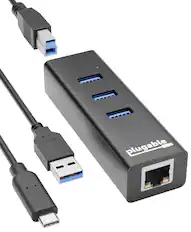 Front. Plugable - Travel Compact USB 3.0 Hub with Gigabit LAN – USB-C/A Compatible with Windows, macOS, Linux & ChromeOS - Space Grey.