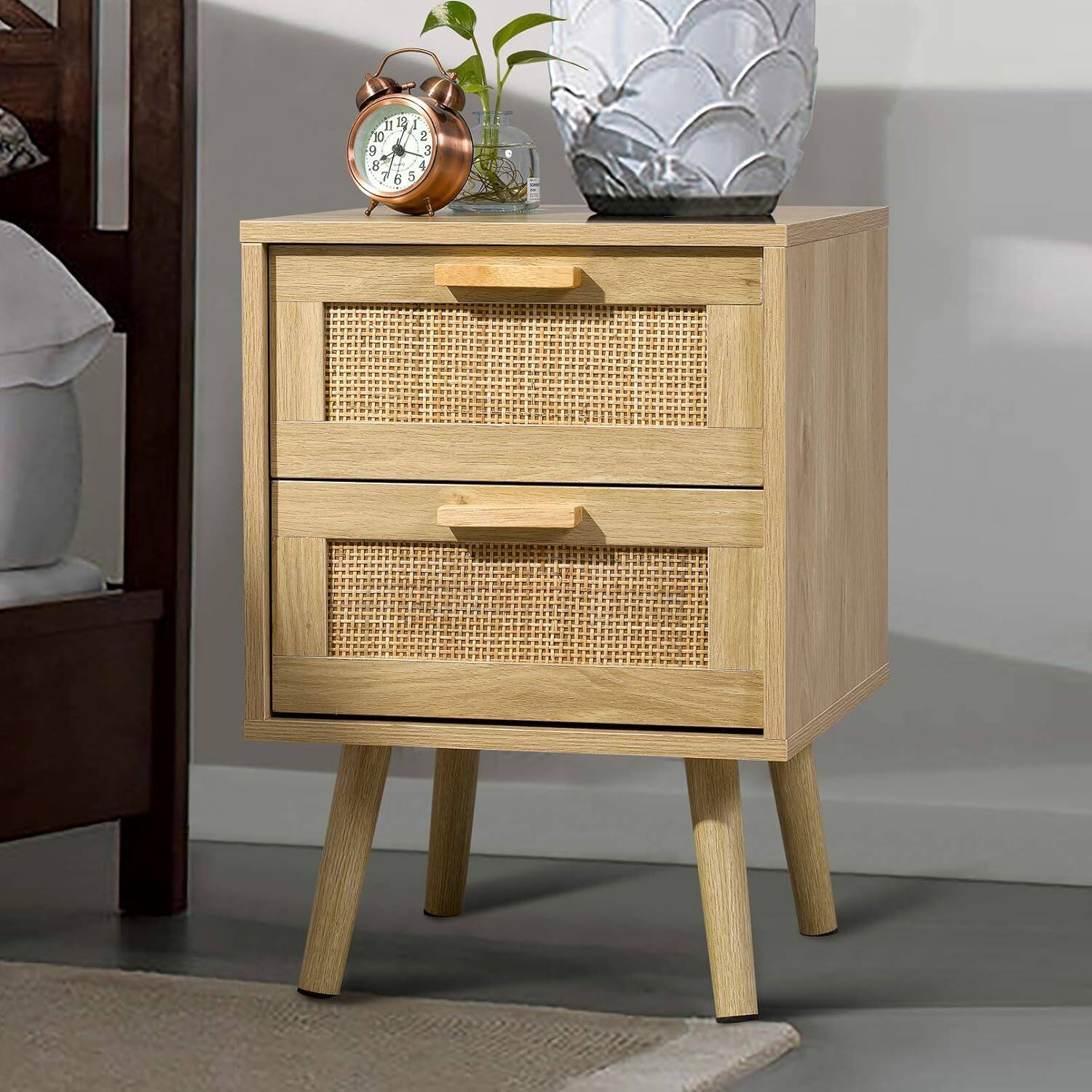 Front. Finnhomy - Finnhomy Nightstand with Natural Rattan Drawers – Wood Accent End Table for Bedroom, Patented Design - Natural.