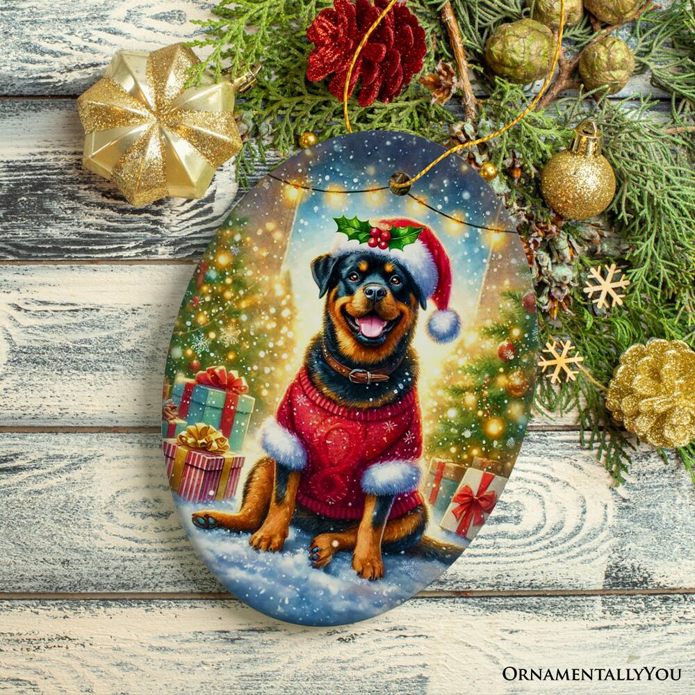 Back. OrnamentallyYou - Charming Rottweiler in Festive Attire Ornament Heartwarming Dog-Themed Christmas Gift Decor Oval 1 - Multi-colored.