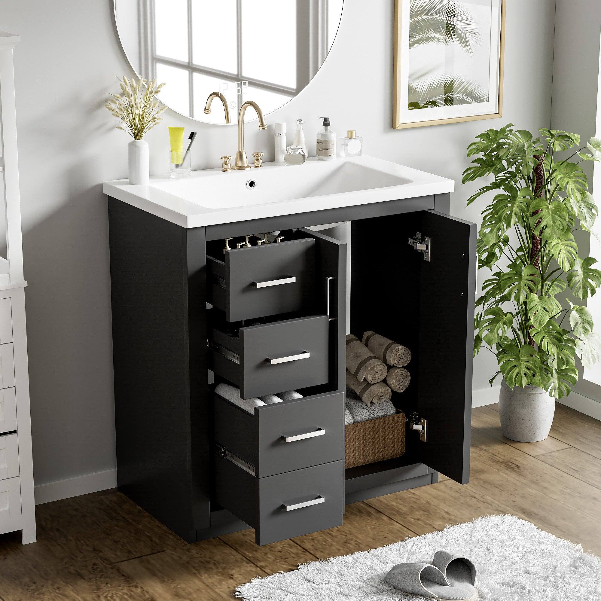 Alt View 5. Boyel Living - 30 Inch Bathroom Vanity Black with Ceramic Sink Solid Wood Frame 3 Drawers 1 Cabinet - Black.