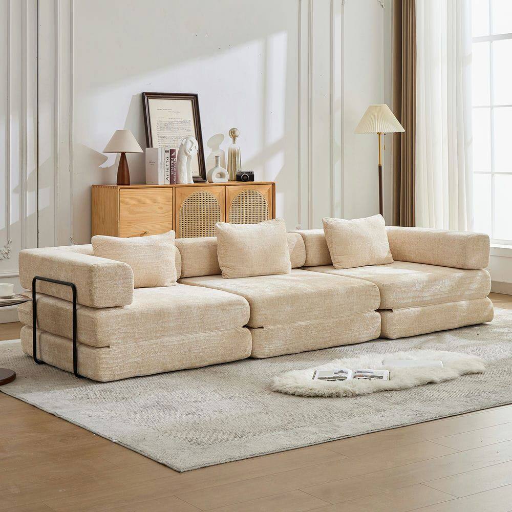 Front. Kadyn - Boneless Sectional Sofa Bed, Convertible Floor Lounger with Fixed Frame in Soft Chenille Fabric, Beige - Beige.