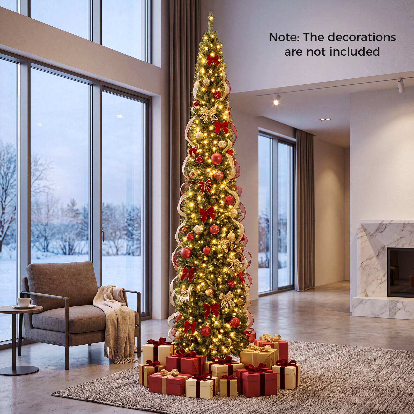 Gymax - 8 FT Pre-Lit Artificial Christmas Tree Realistic Slim Pencil Xmas Tree - Green
