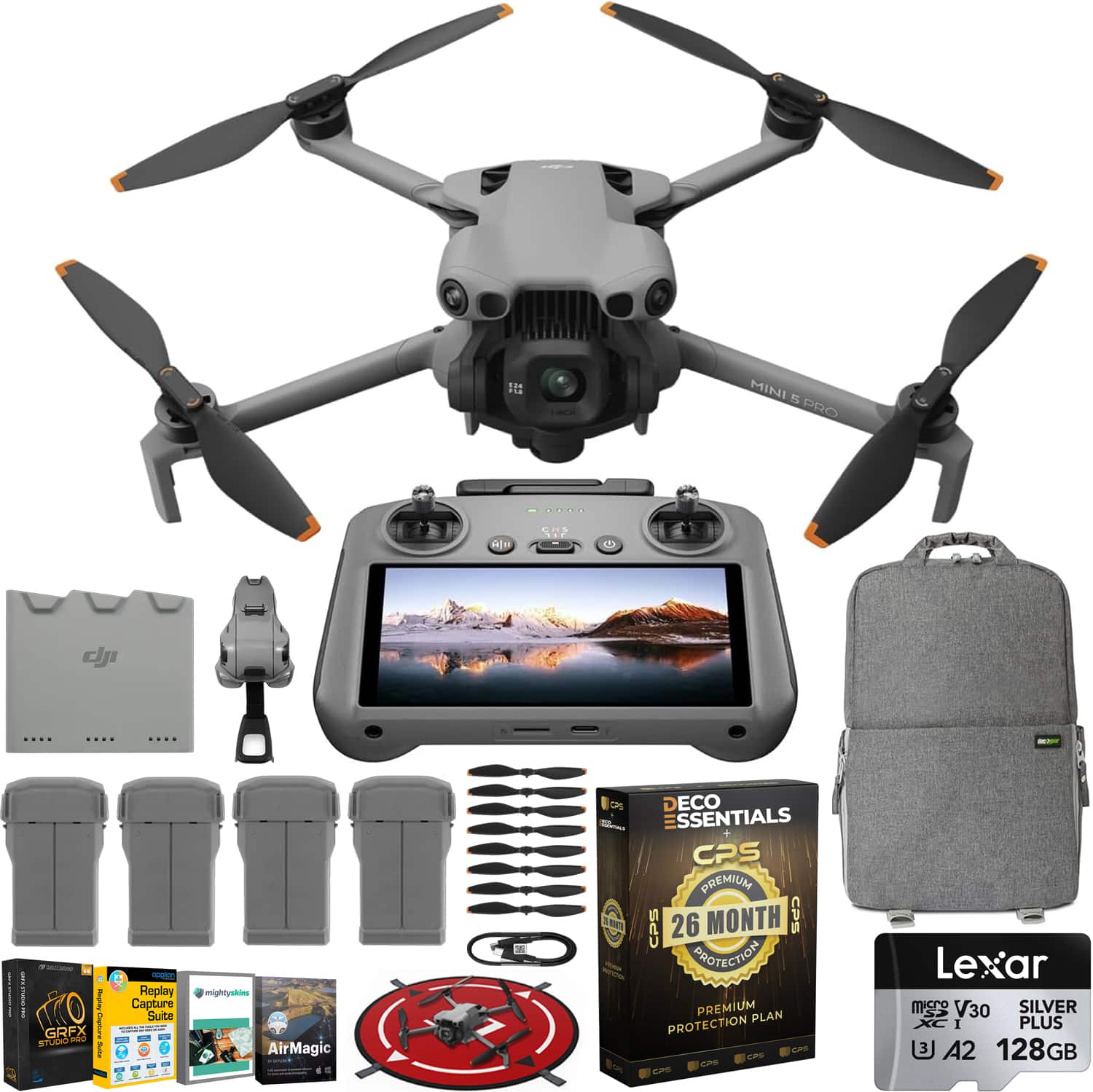 DJI - Mini 5 Pro Drone More Combo Plus 4 Battery Kit (DJI RC 2 Remote) + Extended Warranty & Accessory Deluxe Bundle - Gray