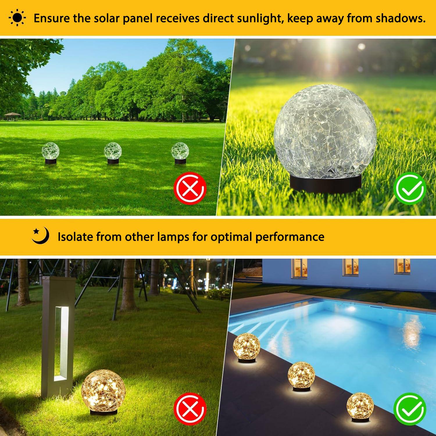 Ensure the solar panel receives direct sunlight, keep away from shadows.  
Isolate from other lamps for optimal performance