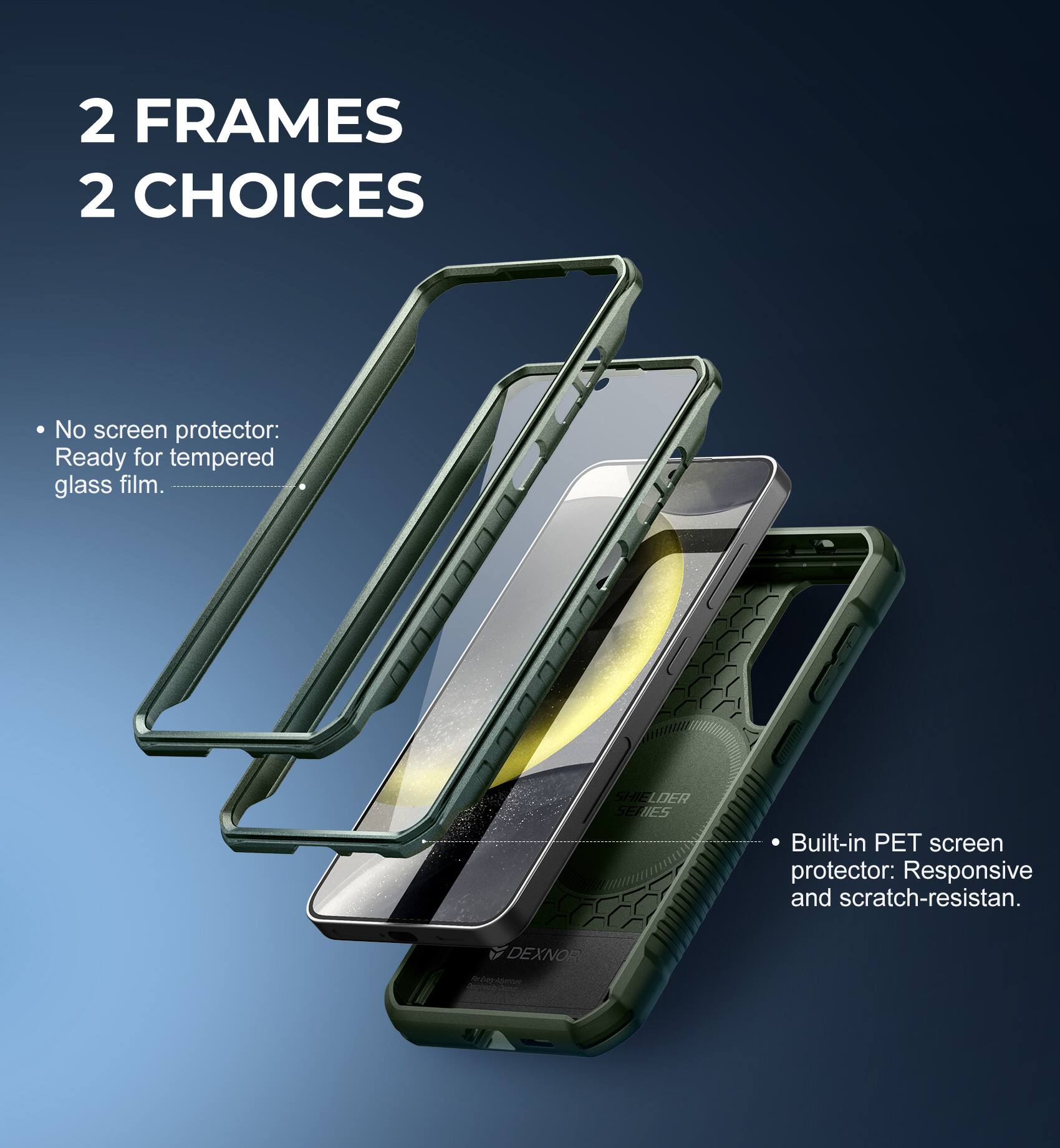 2 FRAMES 2 CHOICES

- No screen protector: Ready for tempered glass film.
- Built-in PET screen protector: Responsive and scratch-resistant.