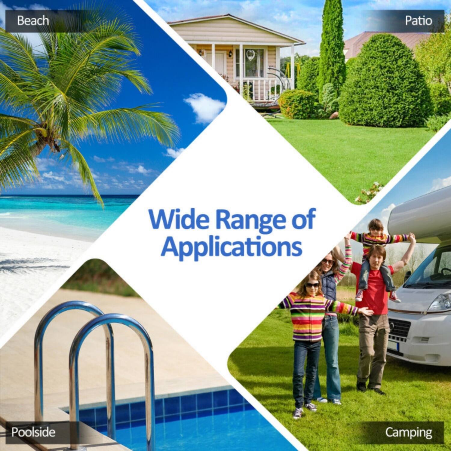 Wide Range of Applications

- Beach
- Patio
- Poolsides
- Camping