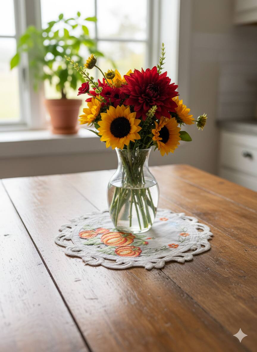 Left. Jiallo - Christmas Poinsettia Embroidered Cutwork Round Placemat, 23-Inch diameter Table Linen - Beige.