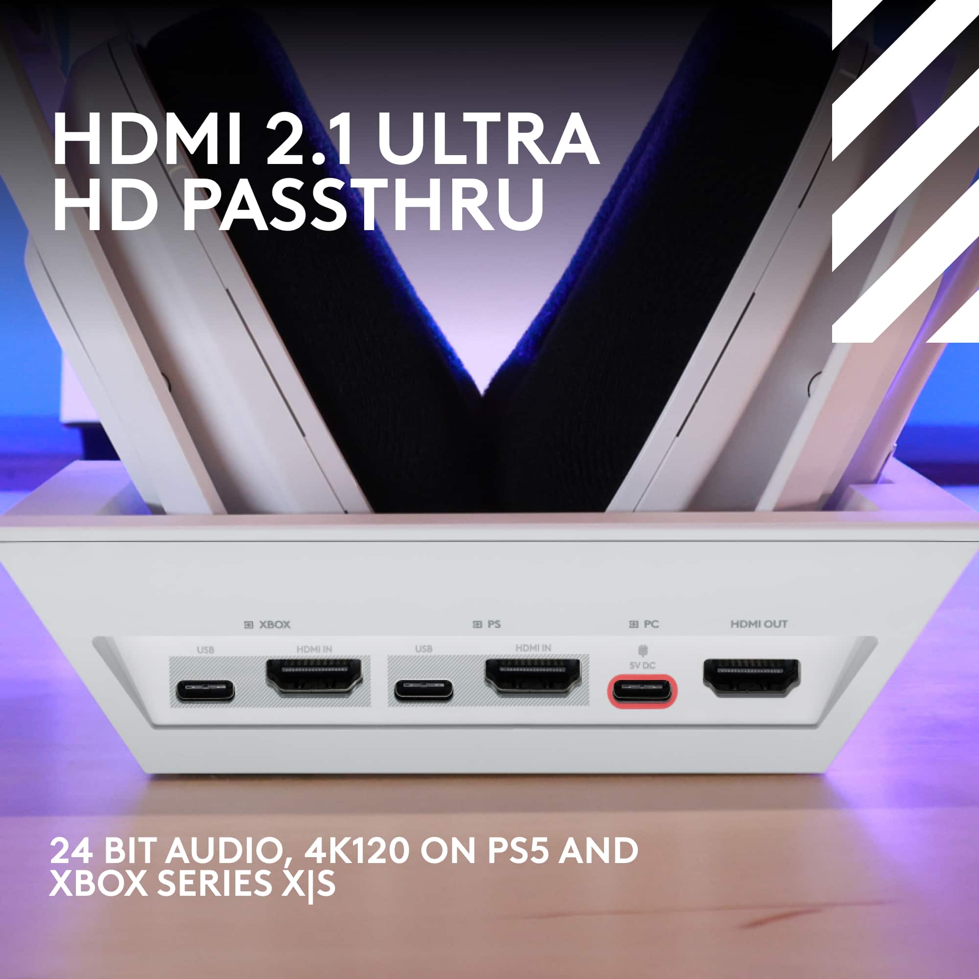 The image features a white box with a variety of ports, including HDMI, USB, and audio. The box is labeled "HDMI 2.1 ULTRA HD PASSTHRU," indicating that it is designed for high-quality video and audio transmission. The box is placed on a wooden table, and there is a chair nearby. The image also showcases a close-up of the HDMI ports, emphasizing the box's capabilities.