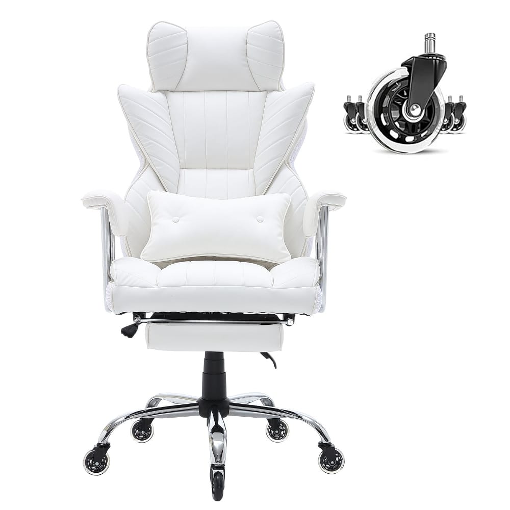 Loheer - Reclining Office Chair with Footrest, PU Leather Big & Tall Executive Chair, 350 lbs - White