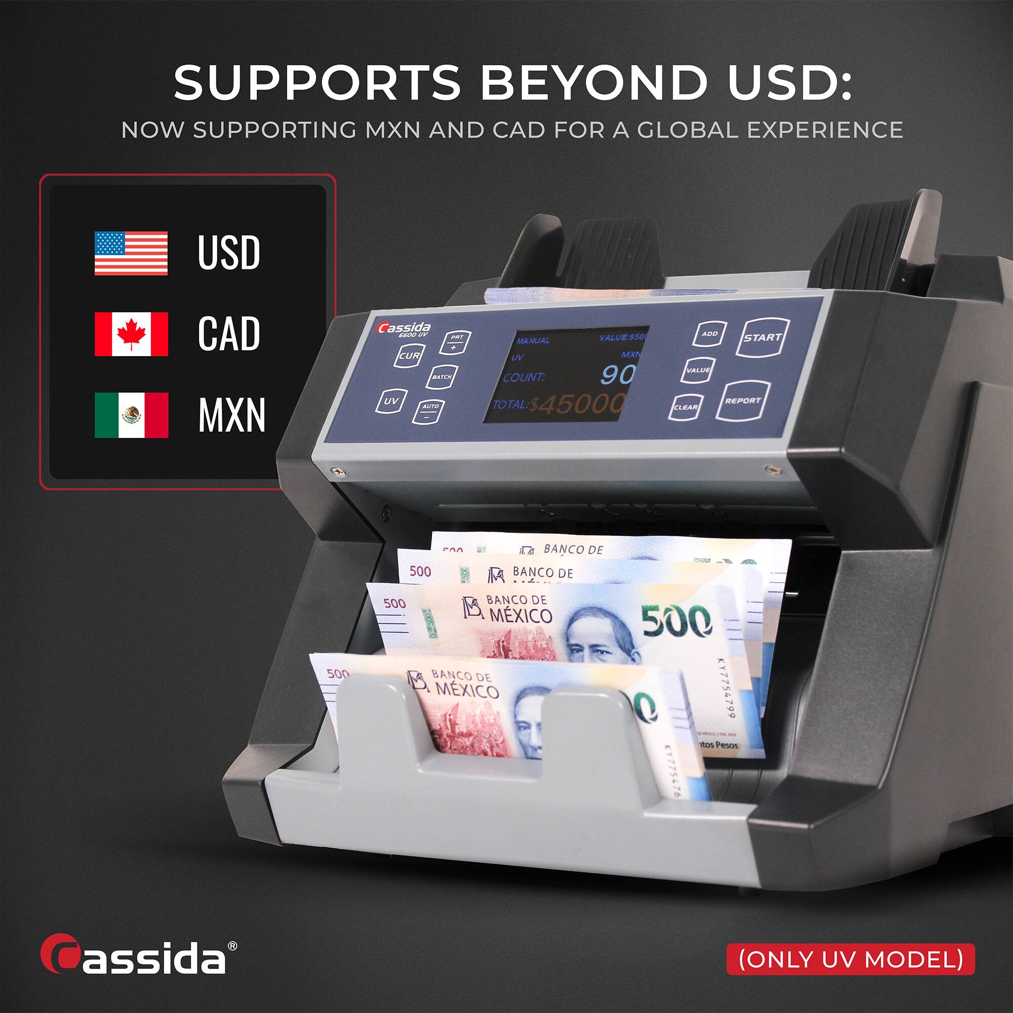 SUPPORTS BEYOND USD:  
NOW SUPPORTING MXN AND CAD FOR A GLOBAL EXPERIENCE  

USD  
CAD  
MXN  

COUNT: 90  
TOTAL: $45000  

(ONLY UV MODEL)
