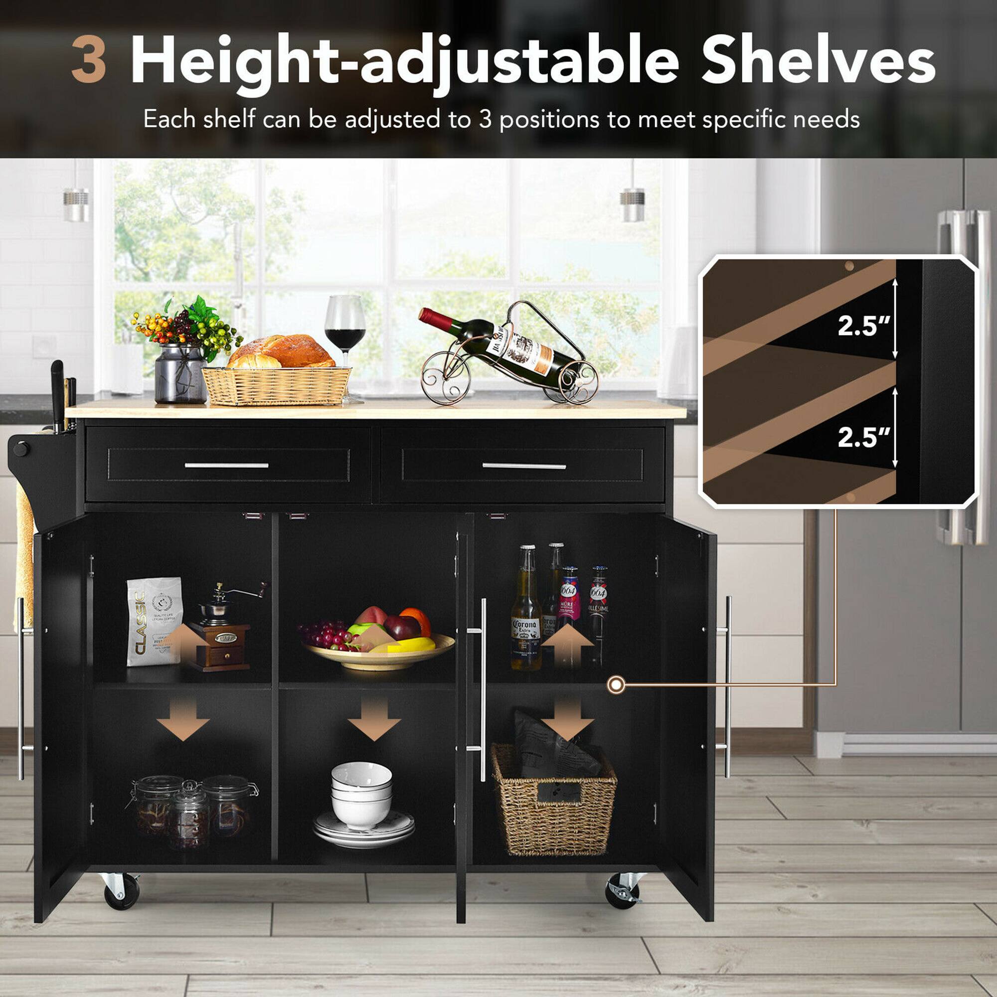 3 Height-adjustable Shelves  
Each shelf can be adjusted to 3 positions to meet specific needs  

2.5"  
2.5"