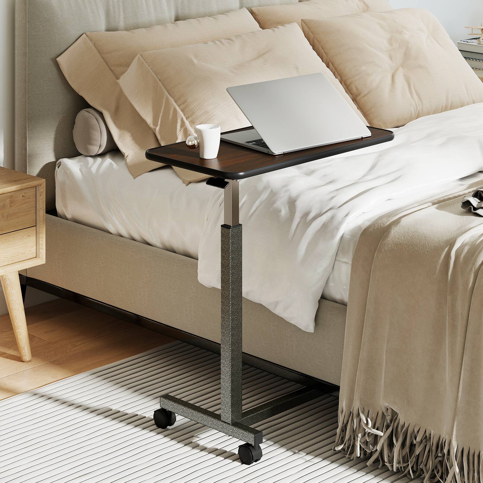 Alt View 1. Costway - Costway Overbed Table Height Adjustable Bedside Table with Sturdy H-Shaped Base - Walnut.