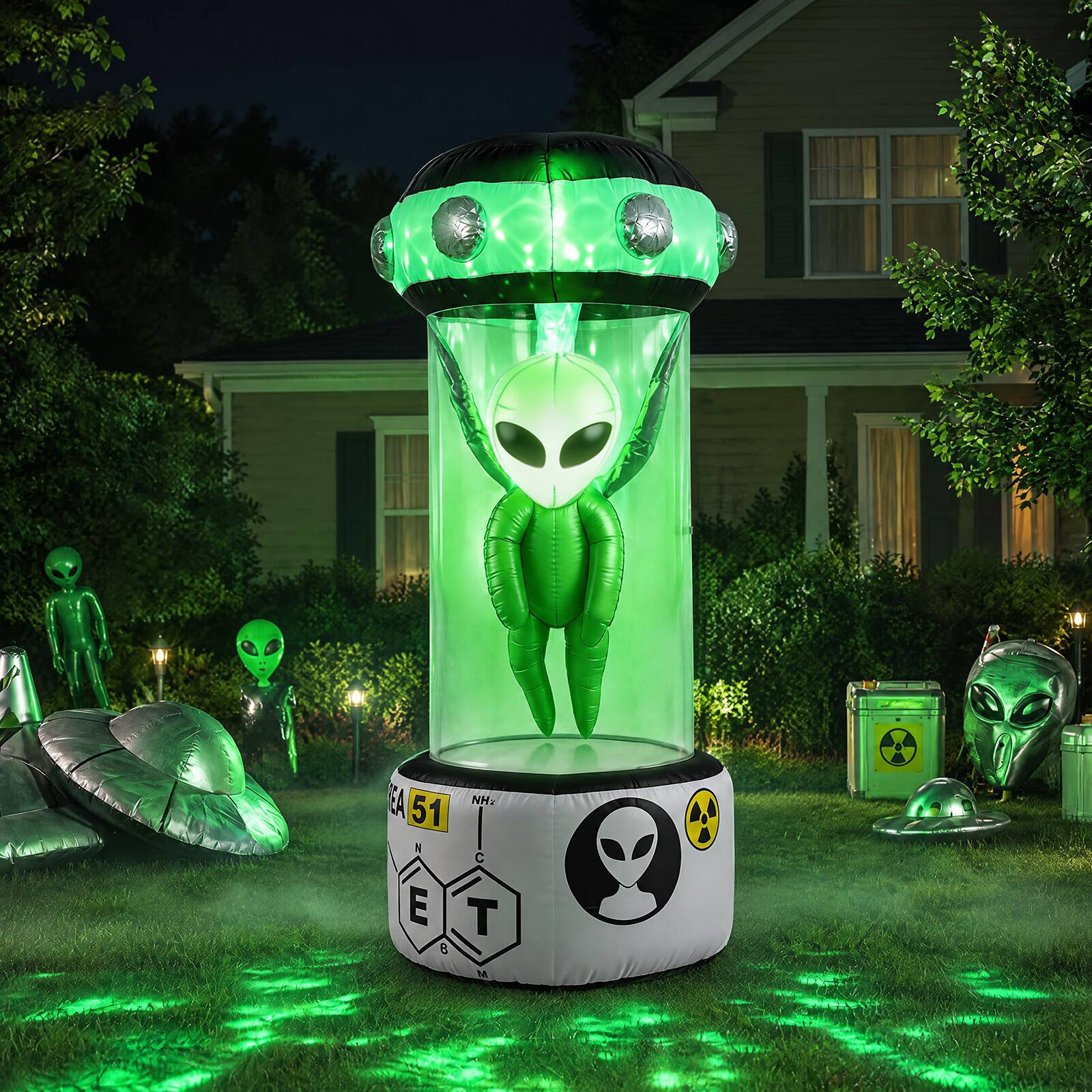 Alt View 3. Costway - Costway Halloween Blow Up Alien Outdoor Decorations with Rotating Flashing Green Lights - White + Green.