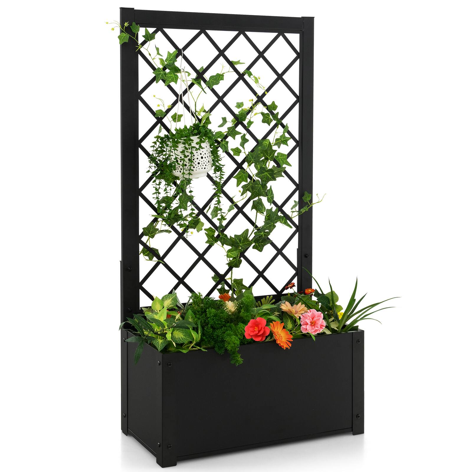 Front. Costway - Costway 44" Metal Planter Box with Trellis Raised Garden Bed with Trellis, Elevated Lattice Planter - Black.