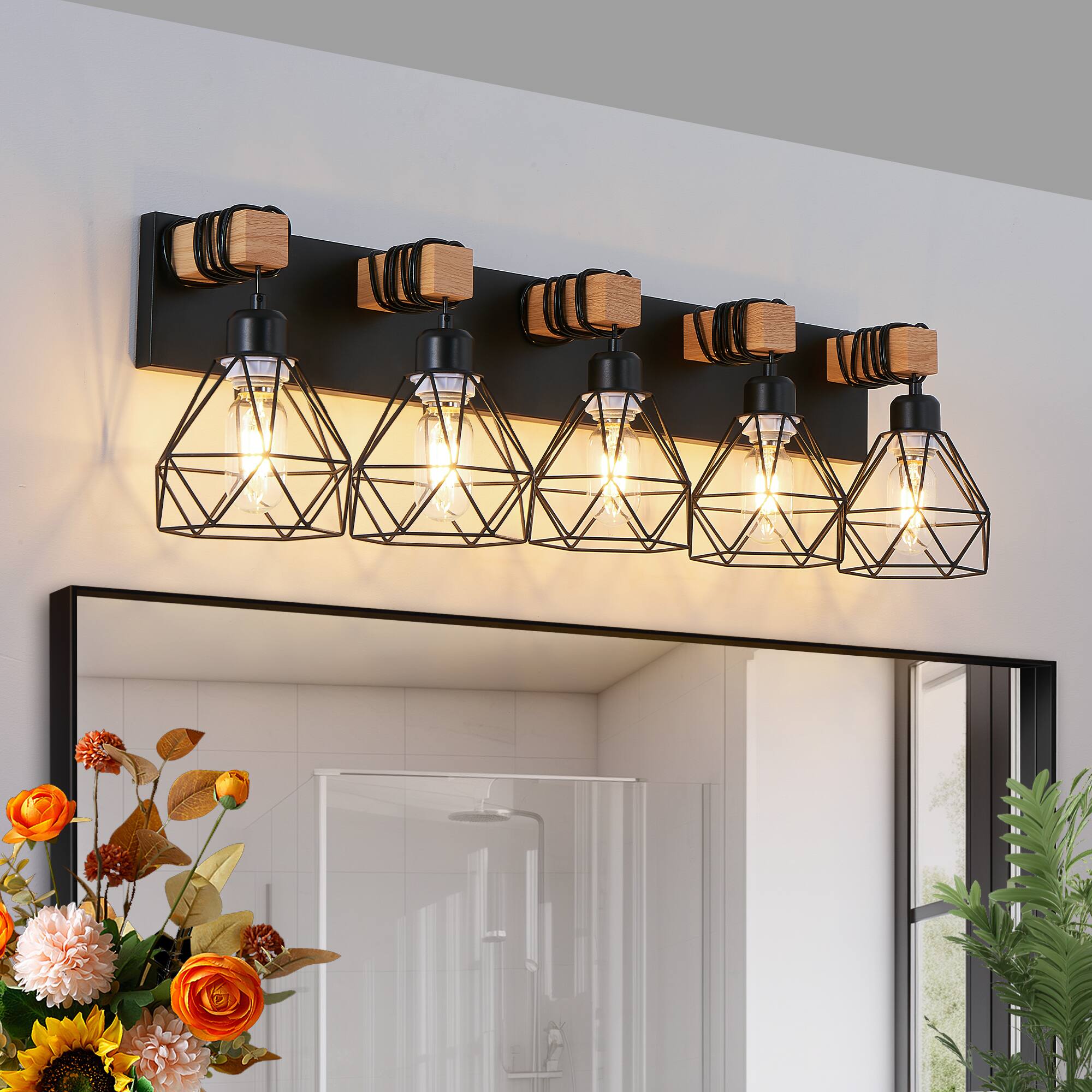 Back. APRILSOUL - 31 Inch Modern Geometric 5-Light Vanity Light Fixture with Black Metal Wooden Accents and Cage Lampshade No Bulb.