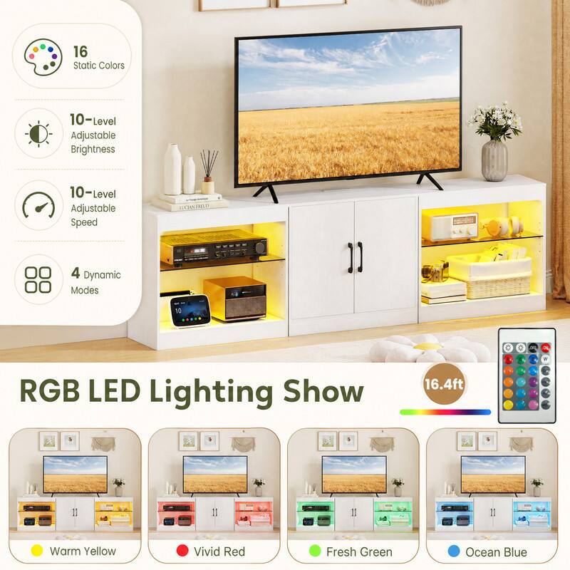 16 Static Colors  
10-Level Adjustable Brightness  
10-Level Adjustable Speed  
4 Dynamic Modes  

RGB LED Lighting Show  
16.4ft  

Warm Yellow  
Vivid Red  
Fresh Green  
Ocean Blue