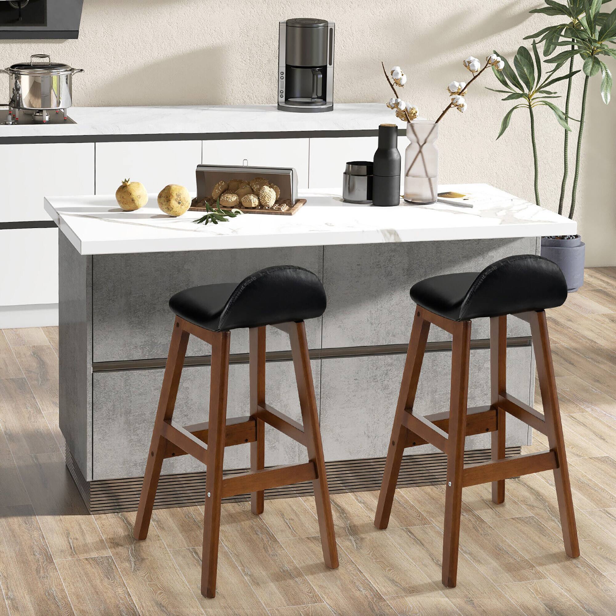 Alt View 3. Gymax - Gymax Set of 4 Upholstered PU Leather Barstools 27.5'' Wooden Dining Chairs Black & Brown - Black + Brown.