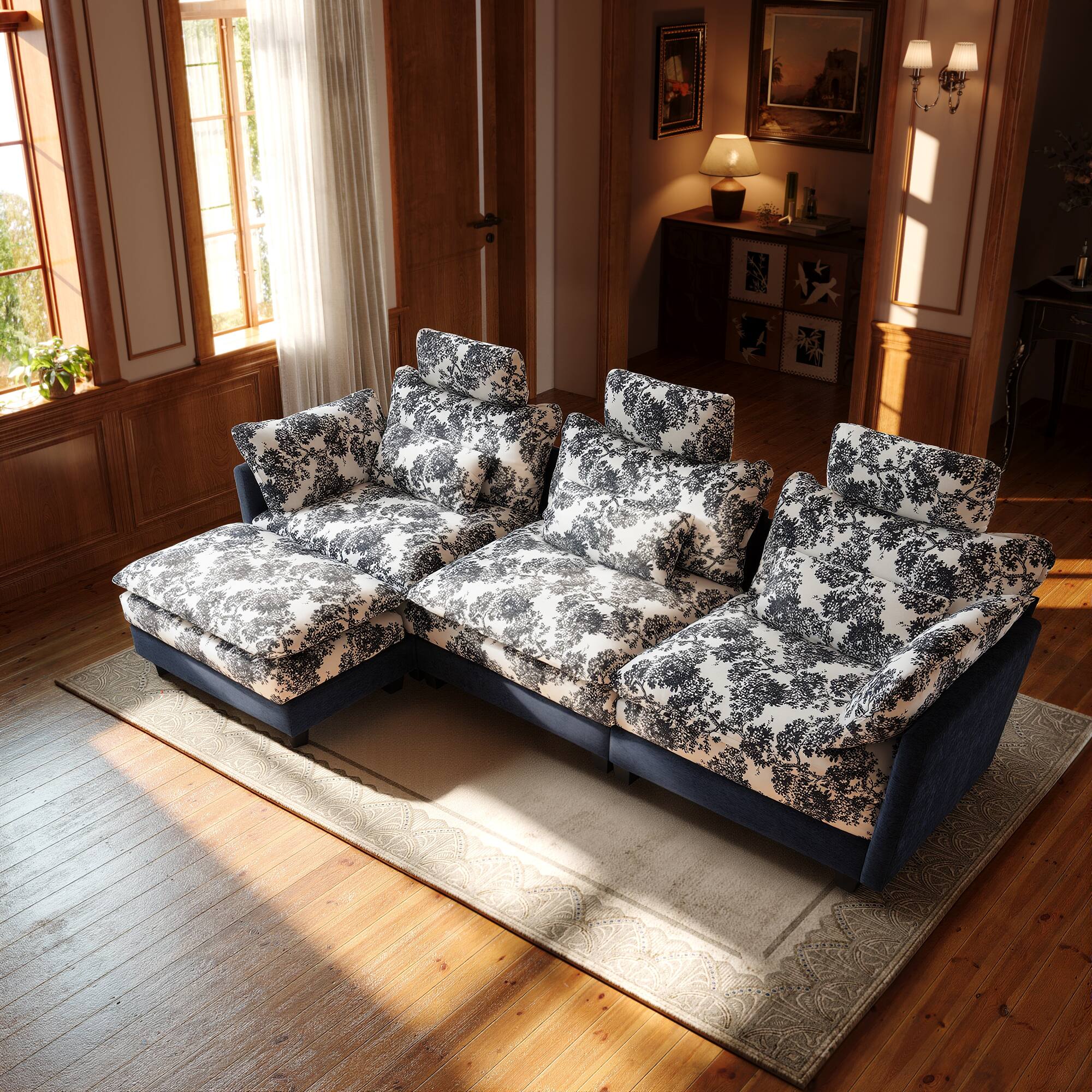 Angle. Homsee - Vintage Floral Chenille Sectional Sofa, 4-Seater L-Shaped Couch with High Backrest, Spring Support & Plush Pillows - Dark Blue.