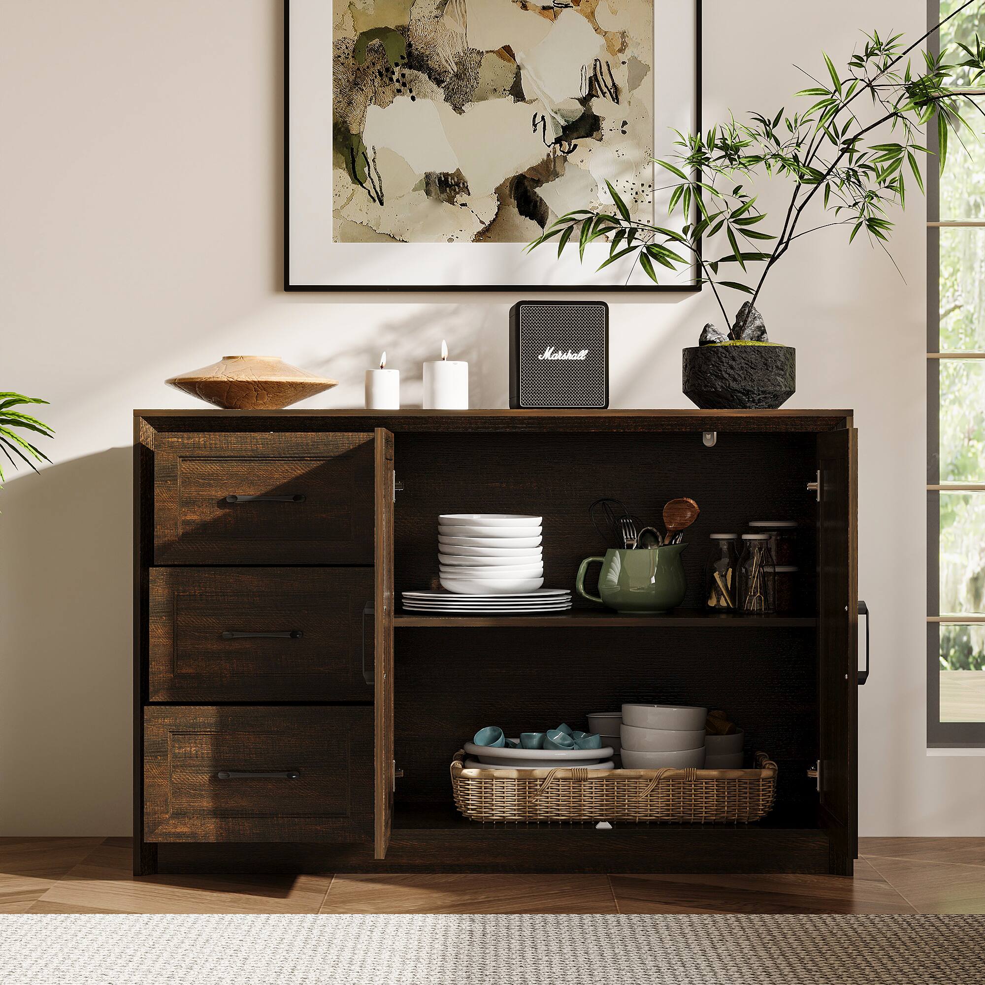 Back. FUFU & GAGA - Multi-Purpose Modern Display Storage Cabinet for Living Room with Drawers & Shelves Organization Unit - Brown.