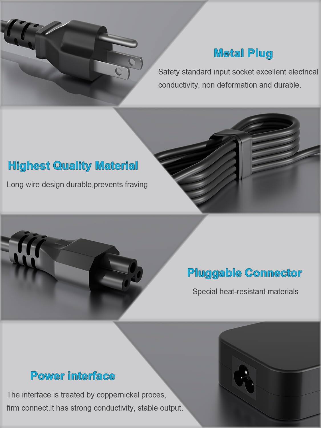 Metal Plug  
Safety standard input socket excellent electrical conductivity, non deformation and durable.  

Highest Quality Material  
Long wire design durable, prevents fraying  

Pluggable Connector  
Special heat-resistant materials  

Power interface  
The interface is treated by coppernickel process, firm connect. It has strong conductivity, stable output.