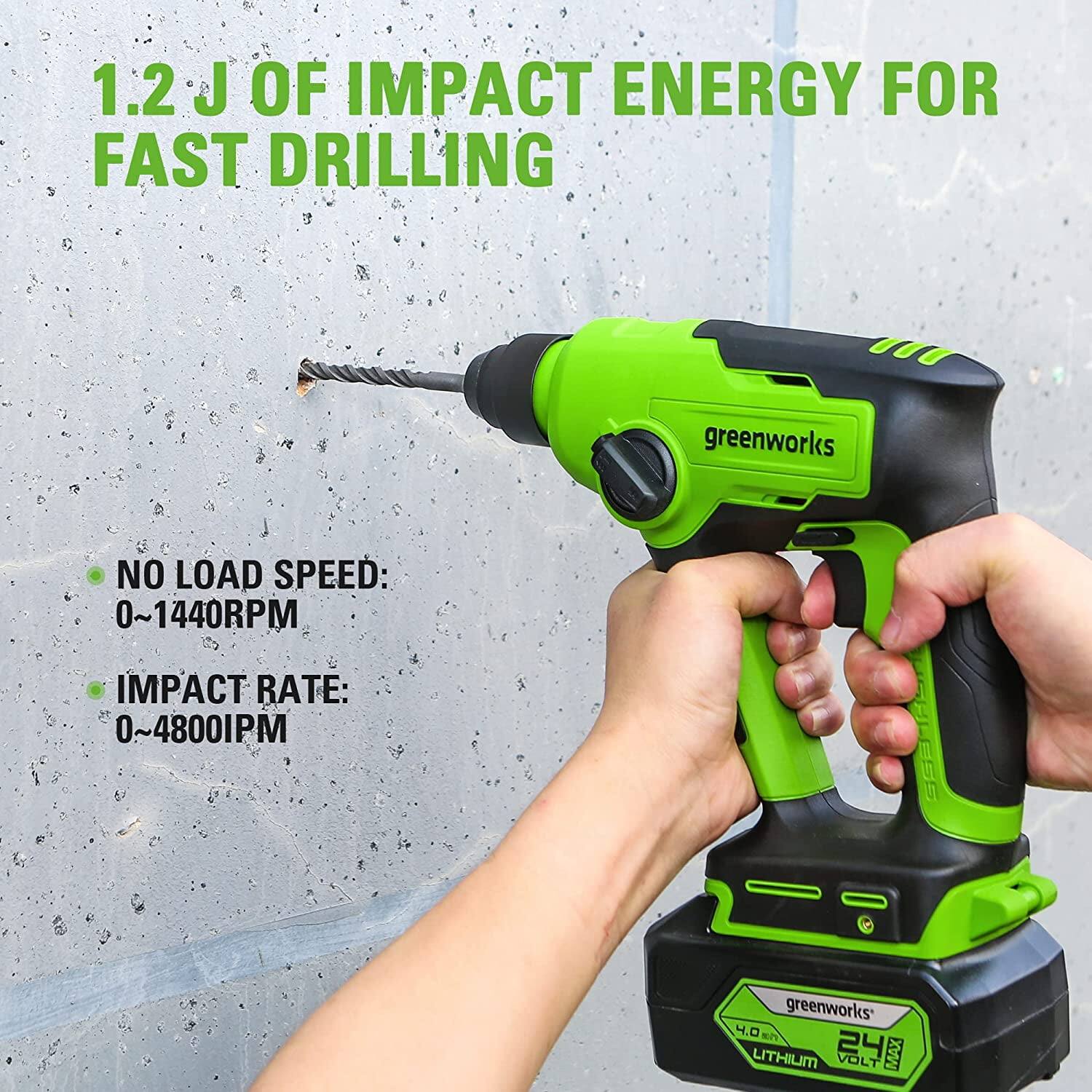 1.2 J of Impact Energy for Fast Drilling

- No Load Speed: 0~1440RPM
- Impact Rate: 0~4800IPM

Greenworks 24V Lithium