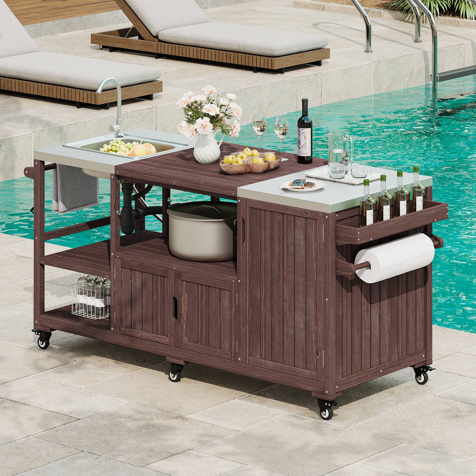 Alt View 9. Chateau Abodes - 75.4" Outdoor Kitchen Island with Sink & Stainless Steel Top for XL Green Egg, Rolling BBQ Prep Station - Brown.