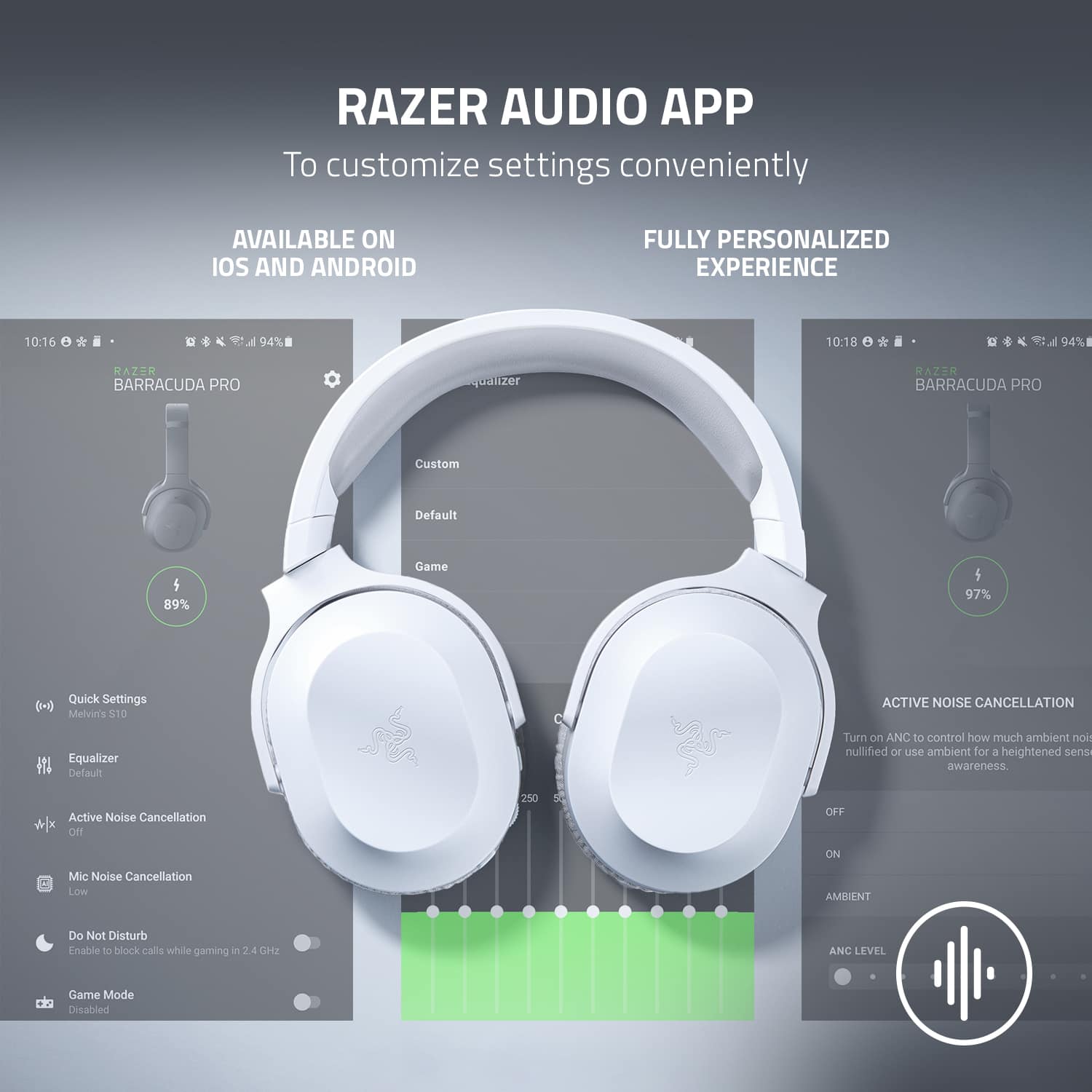 RAZER AUDIO APP
To customize settings conveniently, the Razer Audio App is available on both iOS and Android devices. The app offers a fully personalized experience, allowing users to customize their audio preferences according to their needs.
Some of the key features of the Razer Audio App include:
1. Razer Barracuda Pro: This high-quality audio system provides an immersive listening experience with customizable settings.
2. Active Noise Cancellation: The app offers Active Noise Cancellation (ANC) to control how much ambient noise is canceled out, enhancing the user's sensory awareness.
3. Equalizer: Users can customize the equalizer settings to suit their preferences, with options for bass, treble, and midrange frequencies.
4. Quick Settings: The app provides easy access to frequently used settings, such as volume, playback, and ANC.
5. Do Not Disturb: The app allows users to block calls and notifications while gaming, ensuring an uninterrupted gaming experience.
Overall, the Razer Audio App offers a comprehensive solution for users looking to optimize their audio experience on iOS and Android devices.