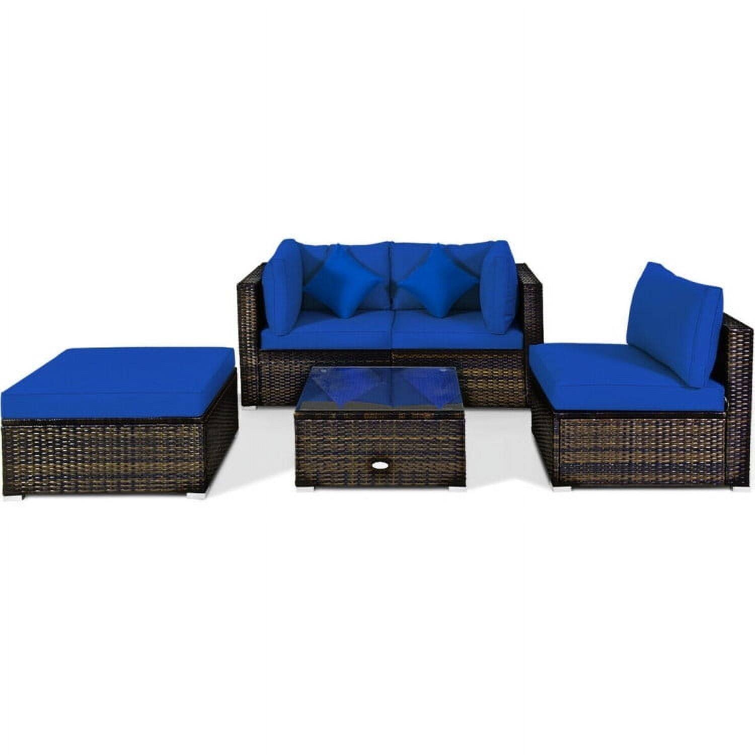 Alt View 2. Pefilos - 5 Pcs Outdoor Patio PE Rattan Furniture Set Sectional Conversation with Navy Cushions-Navy - Blue.