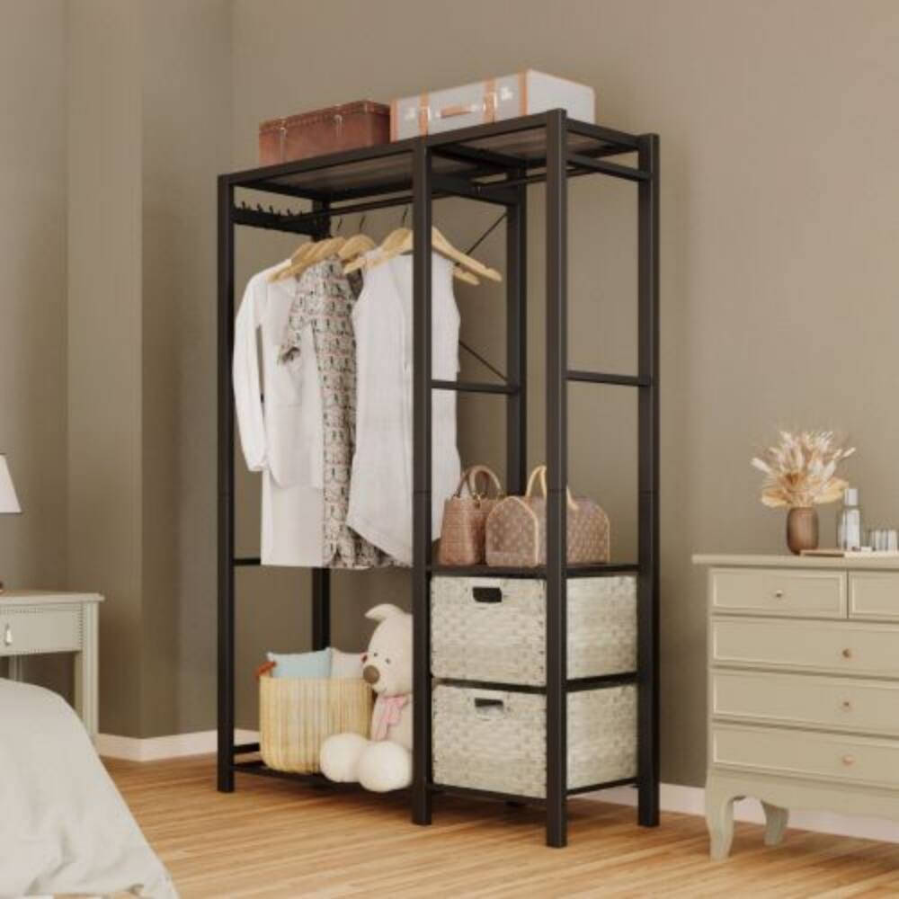 Alt View 2. LUCKY ONE - Acacia Wood Garment Rack w/ 2 Wicker Drawers 4 Hooks Heavy Duty - Light Gray.