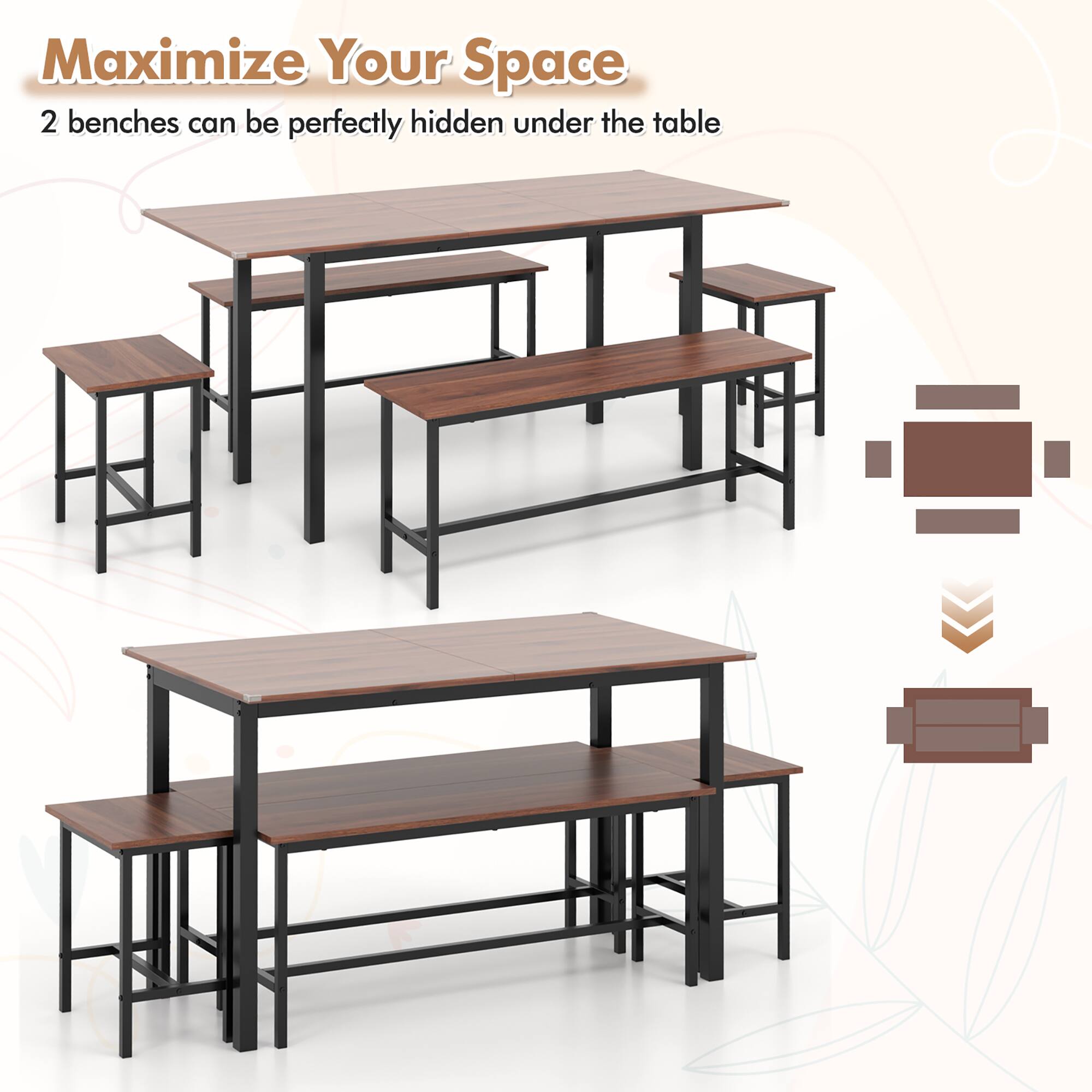 Maximize Your Space  
2 benches can be perfectly hidden under the table