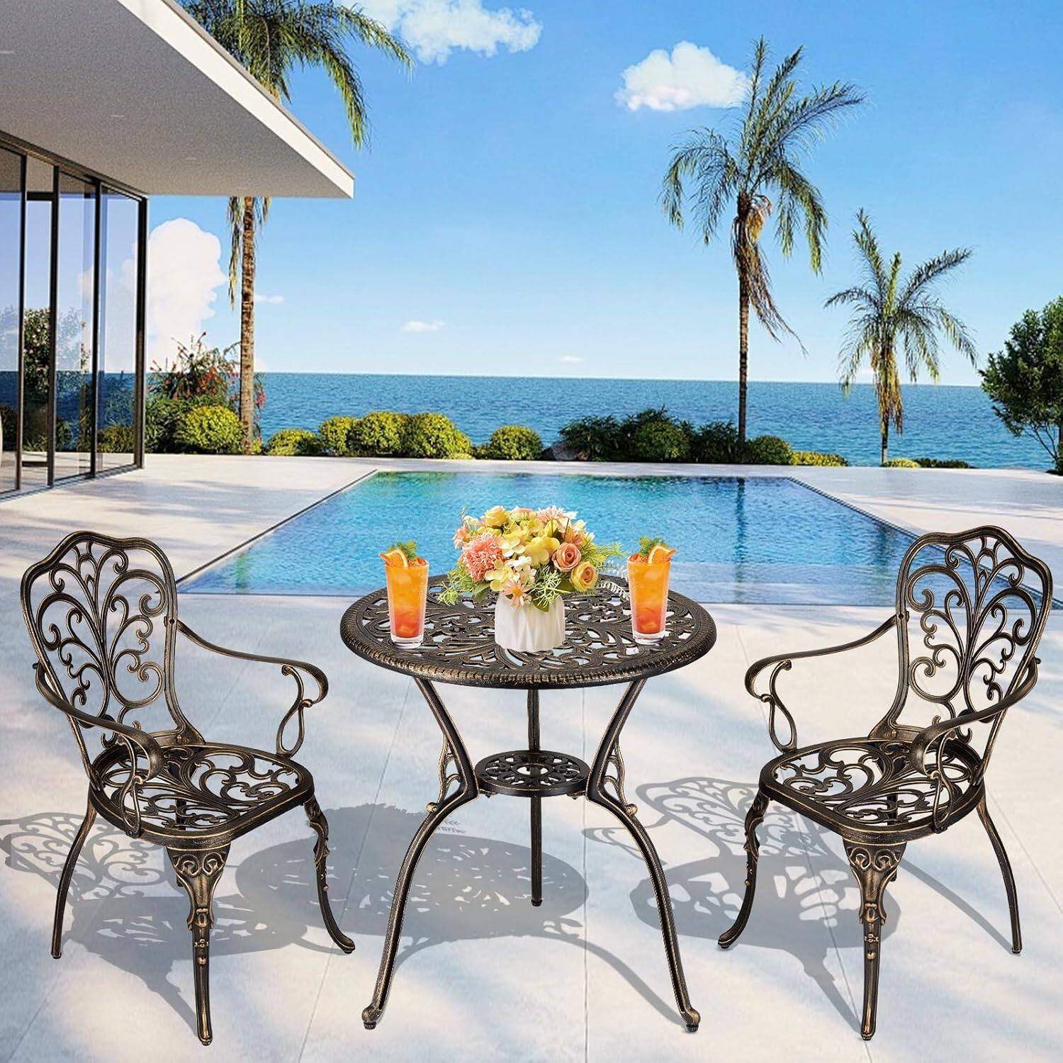 Back. Homhougo - 3 Piece Outdoor Bistro Set, Cast Aluminum Patio Table and Chairs Set of 2 with Umbrella Hole - Brown.
