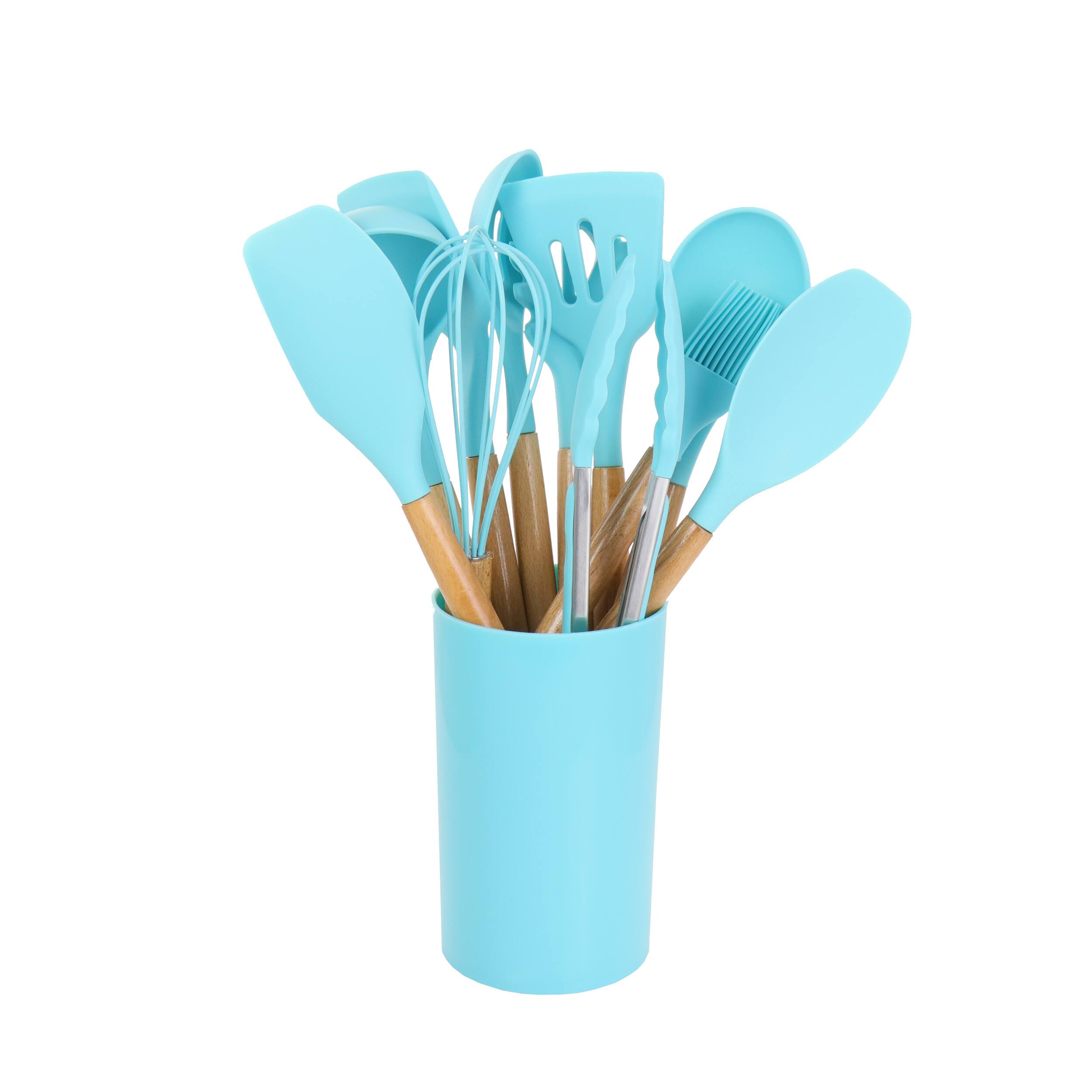 Alt View 1. MegaChef - MegaChef Light Teal Silicone and Wood Cooking Utensils, Set of 12 - Light Teal.
