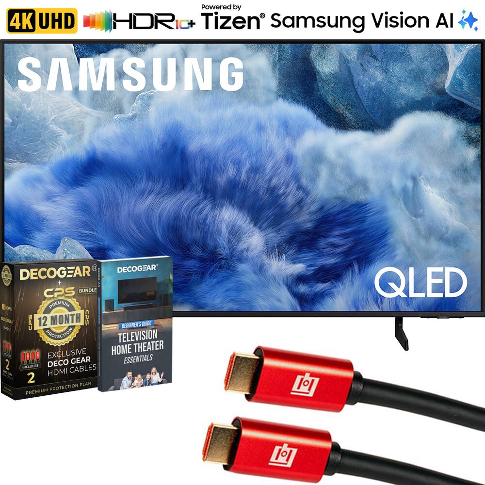 Sure, here is the corrected and grouped text from the image:

---

**4K UHD HDR10+**  
Powered by Tizen  
Samsung Vision AI  

**SAMSUNG**  

**QLED**  

**DECOGEAR + CPS BUNDLE**  
- 12 MONTH CPS PROTECTION  
- EXCLUSIVE DECOGEAR HDMI CABLES  
- 2 HDMI CABLES  

**DECOGEAR**  
- BEGINNER'S GUIDE  
- TELEVISION HOME THEATER ESSENTIALS  

**CPS**  
- 12 MONTH PROTECTION PLAN  

**EXCLUSIVE**  
- DECOGEAR HDMI CABLES  

**2 HDMI CABLES**  

**PREMIUM PROTECTION PLAN**  

**TELEVISION HOME THEATER ESSENTIALS**  

**0.00**  

**EXCLUSIVE**  
- DECOGEAR HDMI CABLES  

**2 HDMI CABLES**  

**PREMIUM PROTECTION PLAN**  

**TELEVISION HOME THEATER ESSENTIALS**  

**0.00**  

---