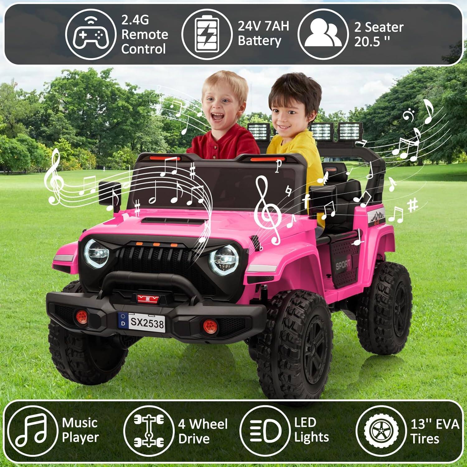 - 2.4G Remote Control
- 24V 7AH Battery
- 2 Seater 20.5"
- Music Player
- 4 Wheel Drive
- LED Lights
- 13" EVA Tires