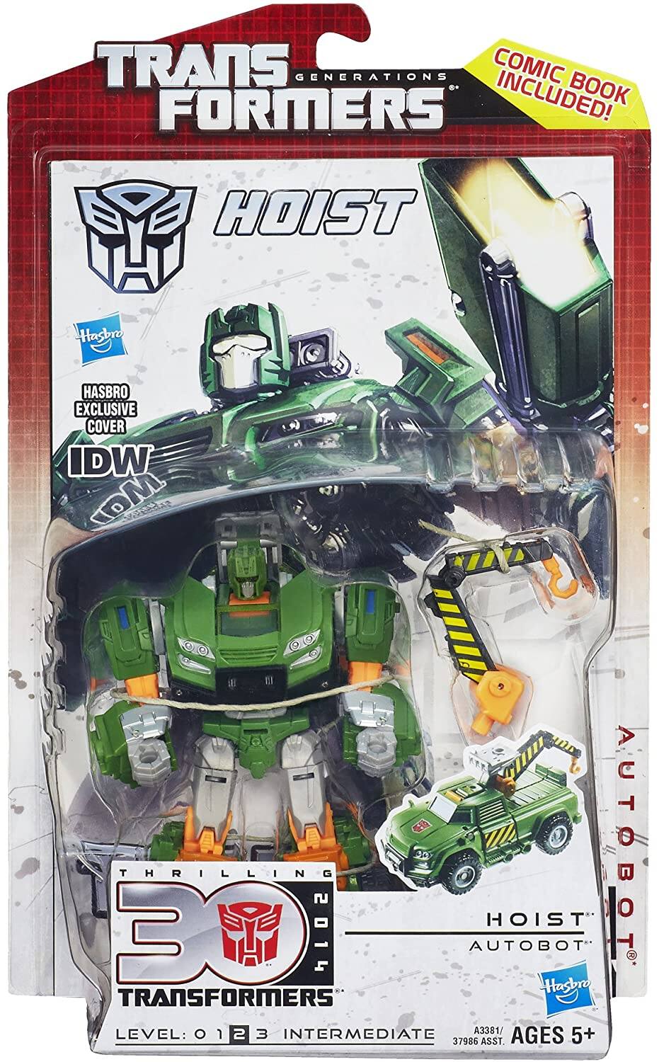 TRANSFORMERS GENERATIONS  
HOIST  
HASBRO EXCLUSIVE COVER  
IDW  
COMIC BOOK INCLUDED!  

THRILLING 30  
TRANSFORMERS  
LEVEL: 0 1 2 3 INTERMEDIATE  

A3381 / 37986 ASST.  
AGES 5+  

AUTOBOT  
HOIST
