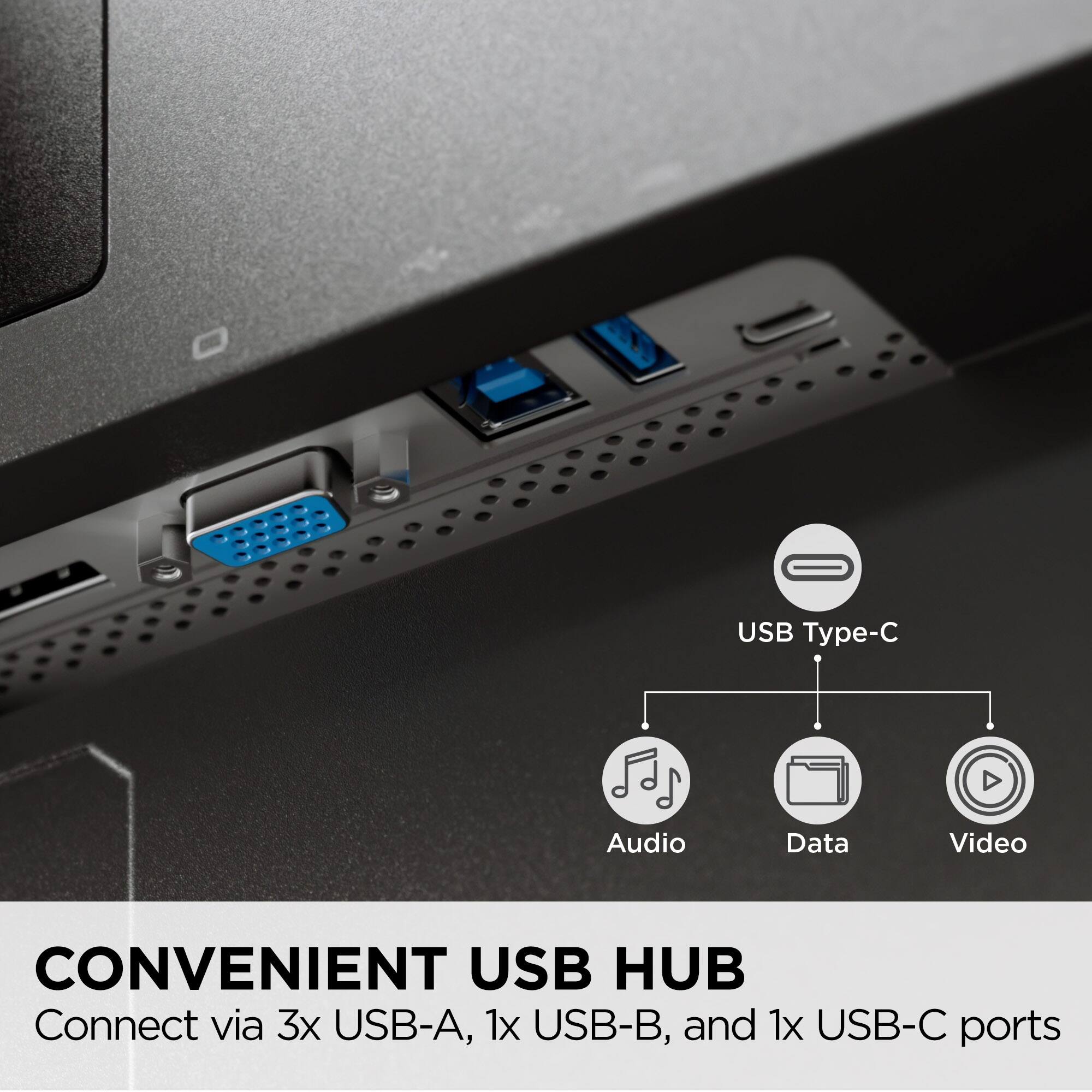 CONVENIENT USB HUB, Connect via 3x USB-A, 1x USB-B, and 1x USB-C ports, USB Type-C, Audio, Data, Video