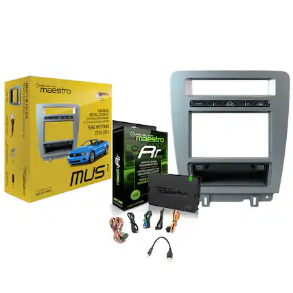 Sure, here is the corrected and grouped text from the image:
**Box 1:**
- maestro
- CAR RADIO
- INSTALLATION KIT FOR FORD MUSTANG 2010-2014
- ADS-KIT-MUS1
- MUS7
**Box 2:**
- maestro
- AR
- UNIVERSAL CAR RADIO INTERFACE
- REPLACES STOCK RADIO
- REMOVES STOCK RADIO
- ADS-KIT-MUS1
**Box 3:**
- maestro
- AR
- UNIVERSAL CAR RADIO INTERFACE
- REPLACES STOCK RADIO
- REMOVES STOCK RADIO
- ADS-KIT-MUS1
**Radio:**
- maestro
- AR
**Cable Set:**
- maestro
- ADS-KIT-MUS1
**Additional Text:**
- CAR RADIO INSTALLATION KIT FOR FORD MUSTANG 2010-2014
- UNIVERSAL CAR RADIO INTERFACE
- REPLACES STOCK RADIO
- REMOVES STOCK RADIO
- ADS-KIT-MUS1
- WEB