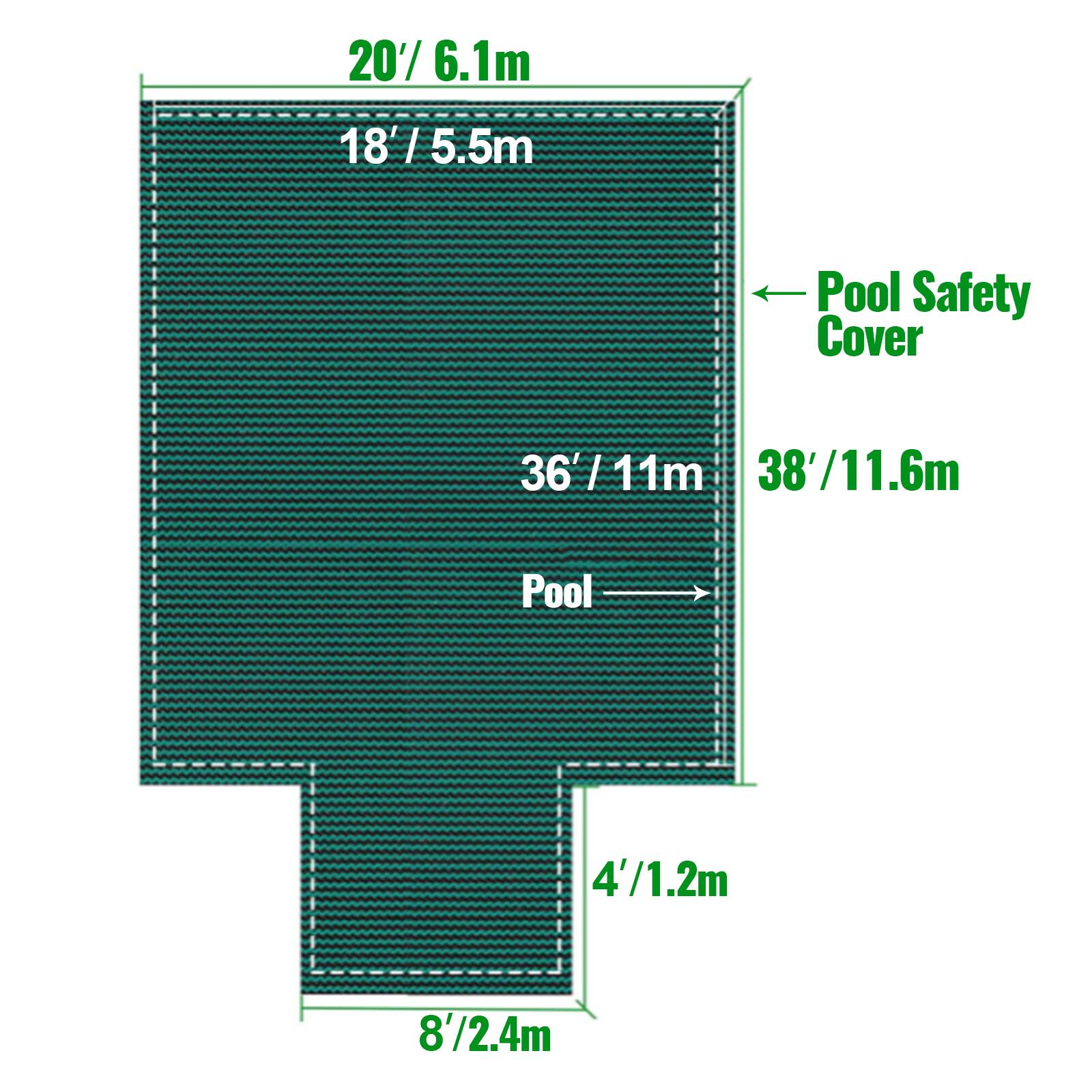 20'/ 6.1m, 18'/ 5.5m, 36'/ 11m, 38'/ 11.6m, Pool, 4'/ 1.2m, 8'/ 2.4m, Pool Safety Cover