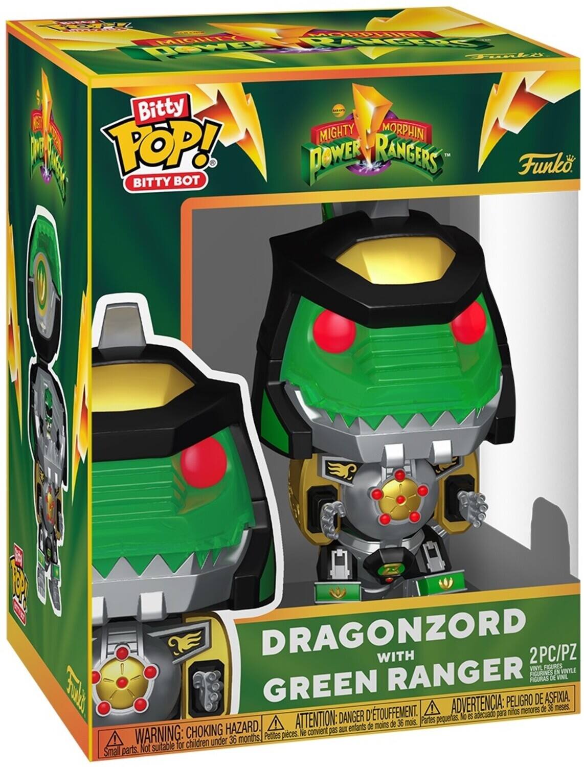 Bitty Pop! Bitty Bot  
Mighty Morphin Power Rangers  
Funko  

Dragonzord with Green Ranger  
2PC/PZ  
Vinyl Figures  

Advertencia: Peligro de asfixia. ¡No es adecuado para niños menores de 36 meses.  
Attention: Danger d'étouffement. Ne convient pas aux enfants de moins de 36 mois.  
Warning: Choking hazard. Not suitable for children under 36 months.